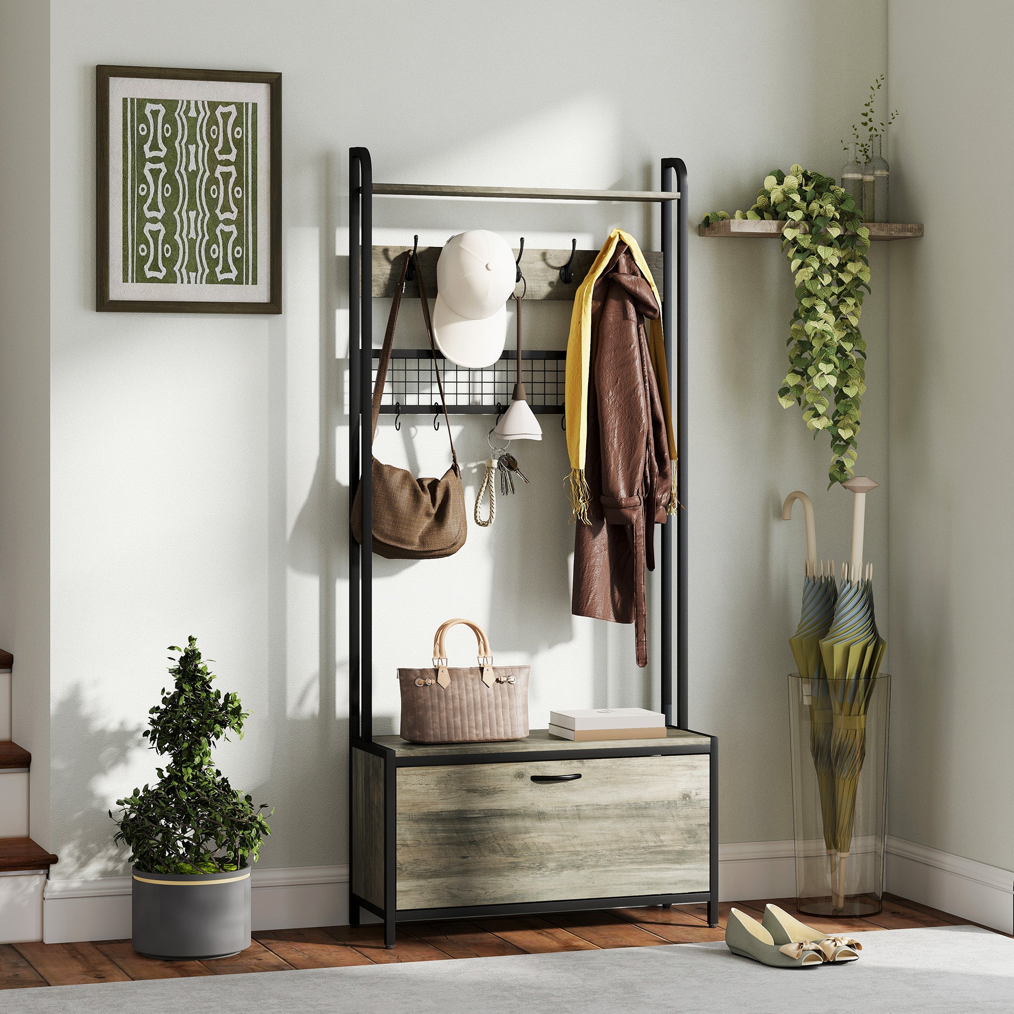 Coat Rack with Shoe Storage Bench and Grid Panel, Hall Tree, 5-In-1 Industrial Coat Rack Stand with Shoe Cabinet and 10 Hooks for Hallway, Entryway, Living Room, Grey