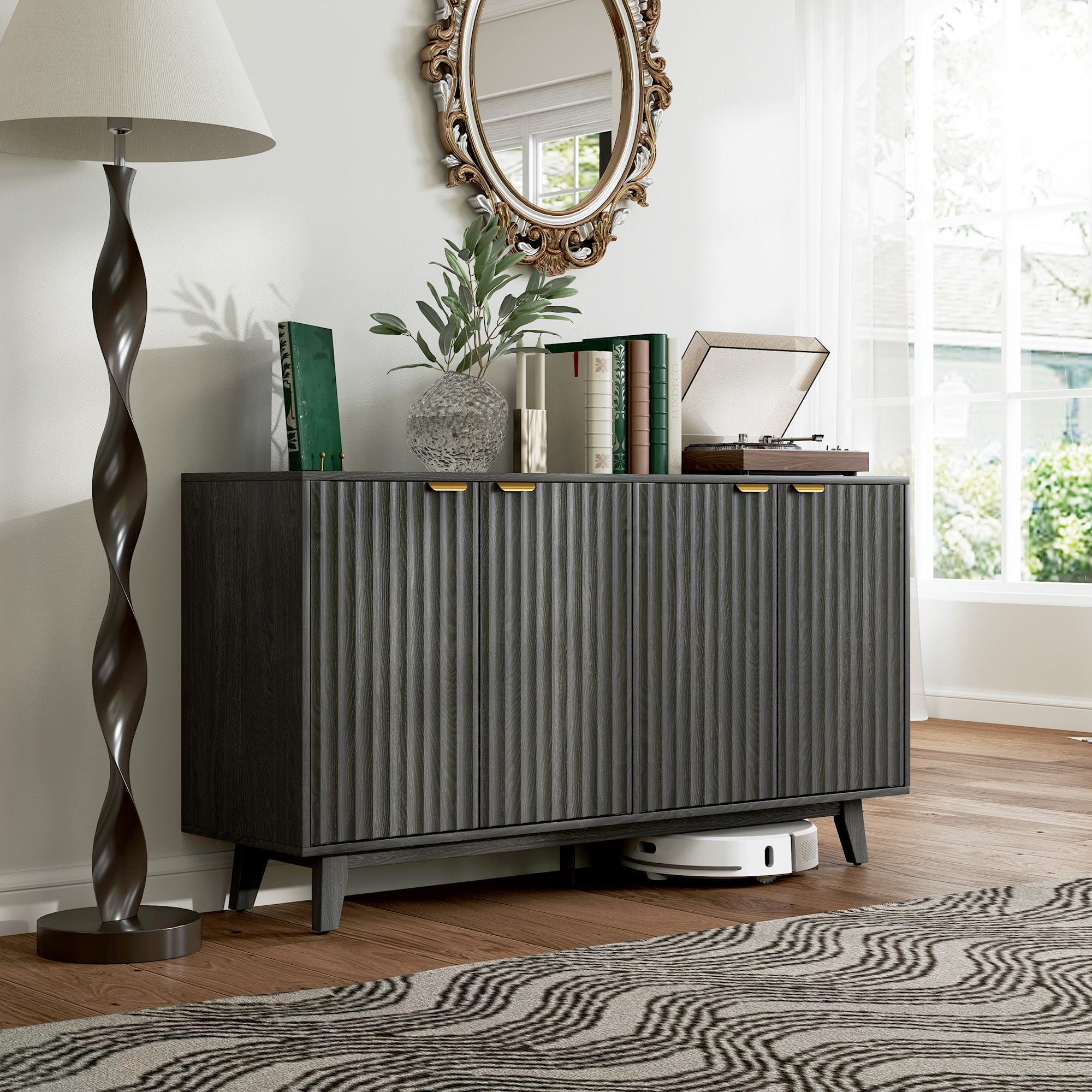 HOMCOM Fluted Buffet Cabinet with Storage, 55" Modern Sideboard Storage Cabinet with 4 Doors, 2 Adjustable Shelves and 5 Wood Legs, Coffee Bar Cabinet, Distressed Gray