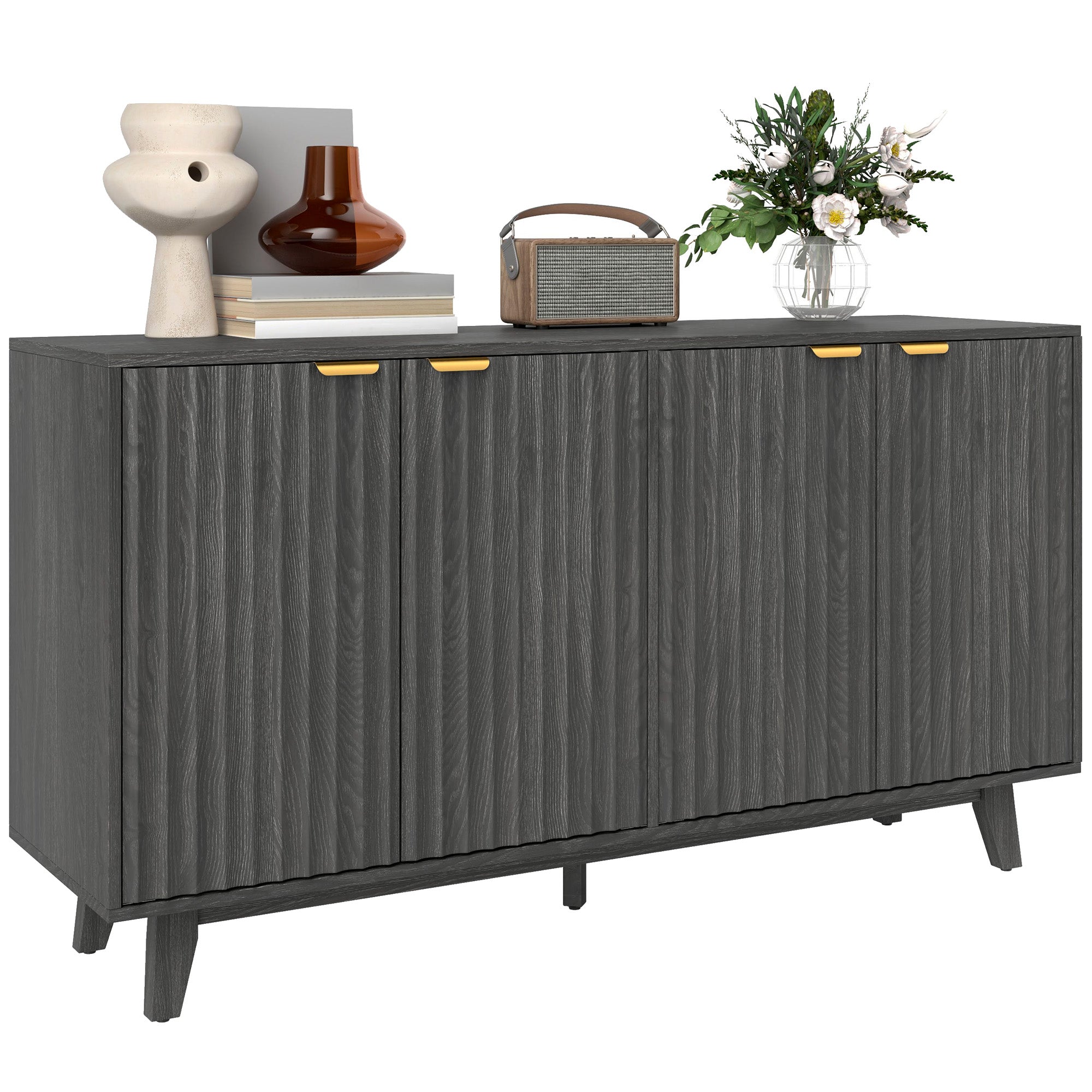 HOMCOM Fluted Buffet Cabinet with Storage, 55" Modern Sideboard Storage Cabinet with 4 Doors, 2 Adjustable Shelves and 5 Wood Legs, Coffee Bar Cabinet, Distressed Gray