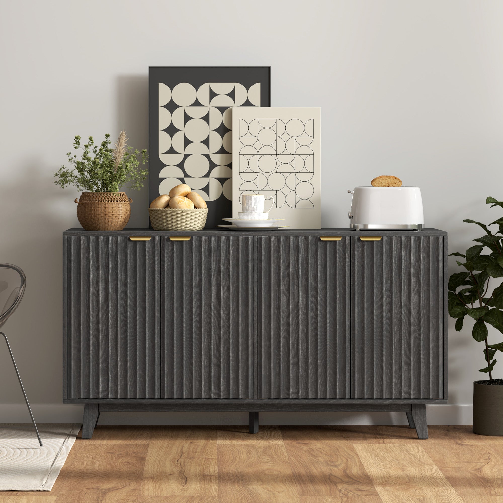 HOMCOM Fluted Buffet Cabinet with Storage, 55" Modern Sideboard Storage Cabinet with 4 Doors, 2 Adjustable Shelves and 5 Wood Legs, Coffee Bar Cabinet, Distressed Gray