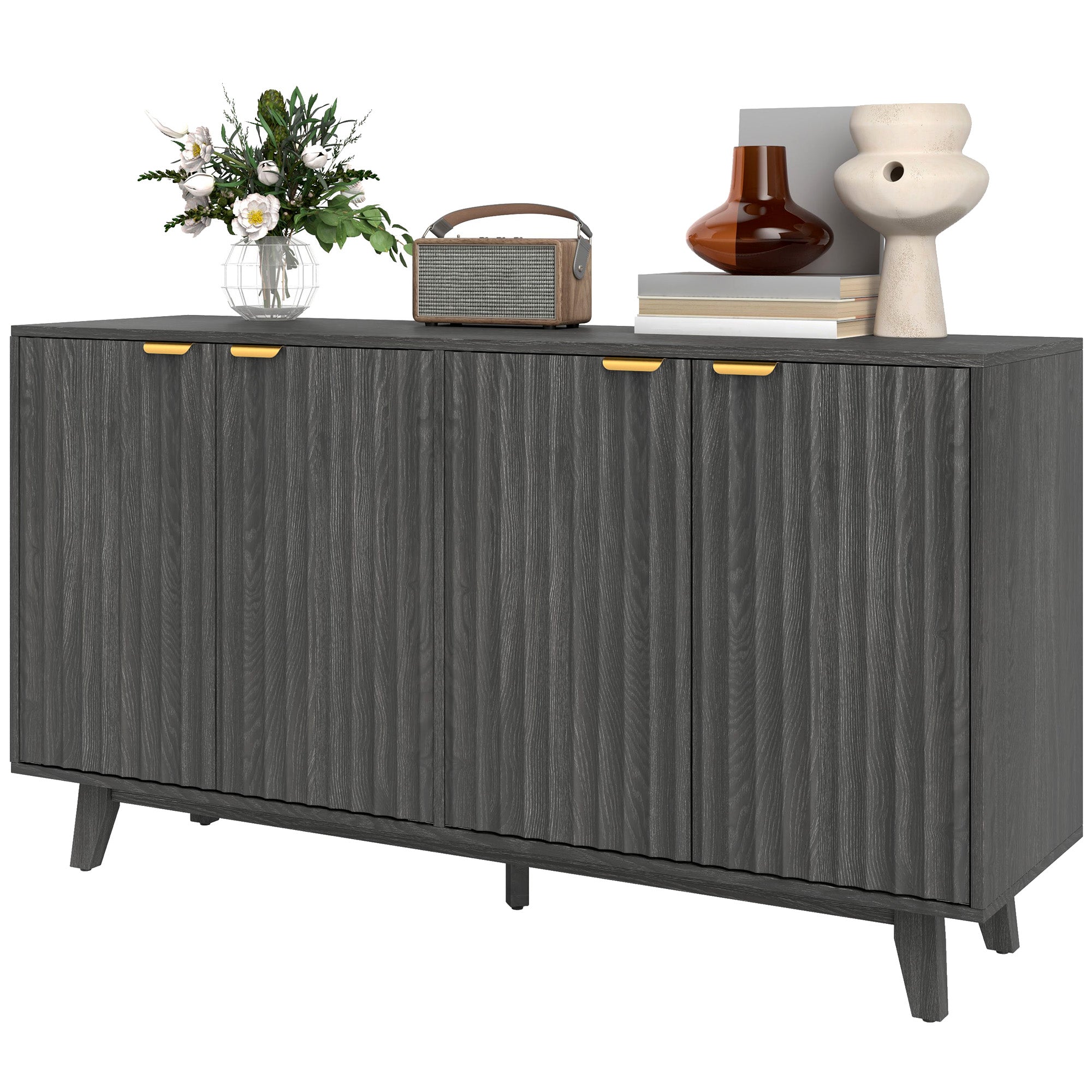HOMCOM Fluted Buffet Cabinet with Storage, 55" Modern Sideboard Storage Cabinet with 4 Doors, 2 Adjustable Shelves and 5 Wood Legs, Coffee Bar Cabinet, Distressed Gray