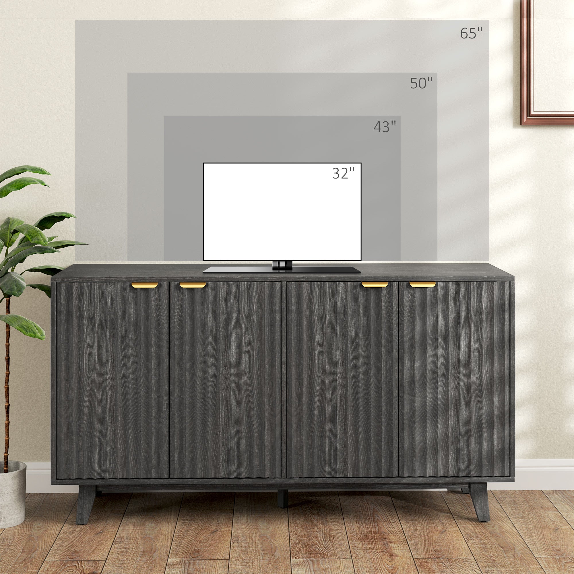 HOMCOM Fluted Buffet Cabinet with Storage, 55" Modern Sideboard Storage Cabinet with 4 Doors, 2 Adjustable Shelves and 5 Wood Legs, Coffee Bar Cabinet, Distressed Gray