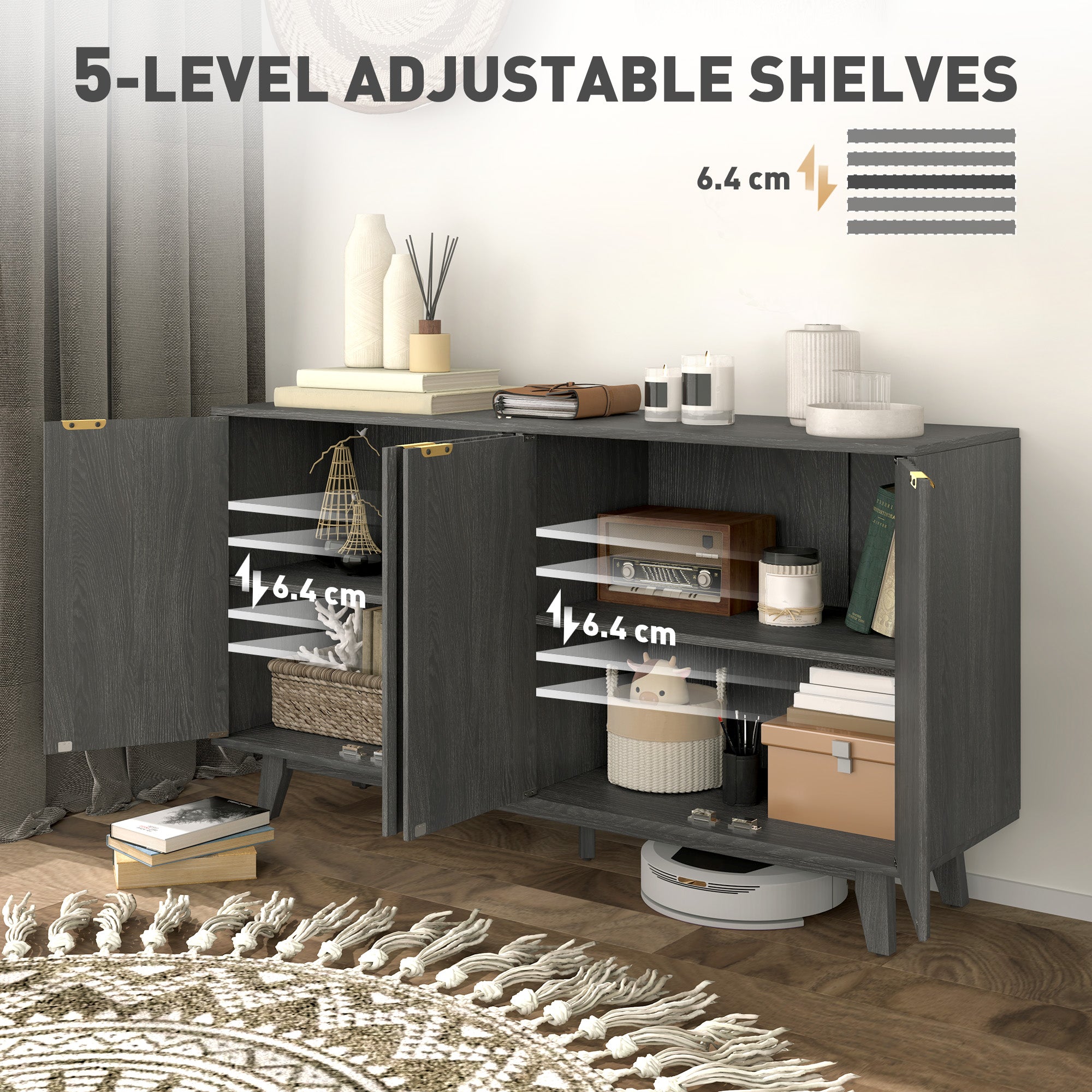 HOMCOM Fluted Buffet Cabinet with Storage, 55" Modern Sideboard Storage Cabinet with 4 Doors, 2 Adjustable Shelves and 5 Wood Legs, Coffee Bar Cabinet, Distressed Gray