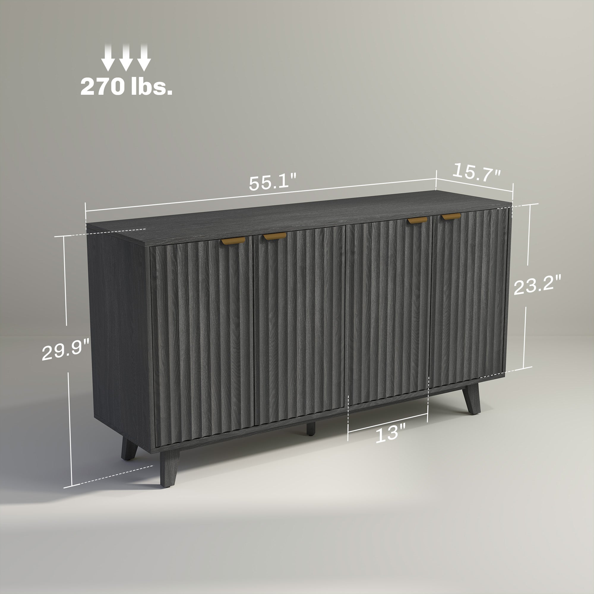 HOMCOM Fluted Buffet Cabinet with Storage, 55" Modern Sideboard Storage Cabinet with 4 Doors, 2 Adjustable Shelves and 5 Wood Legs, Coffee Bar Cabinet, Distressed Gray