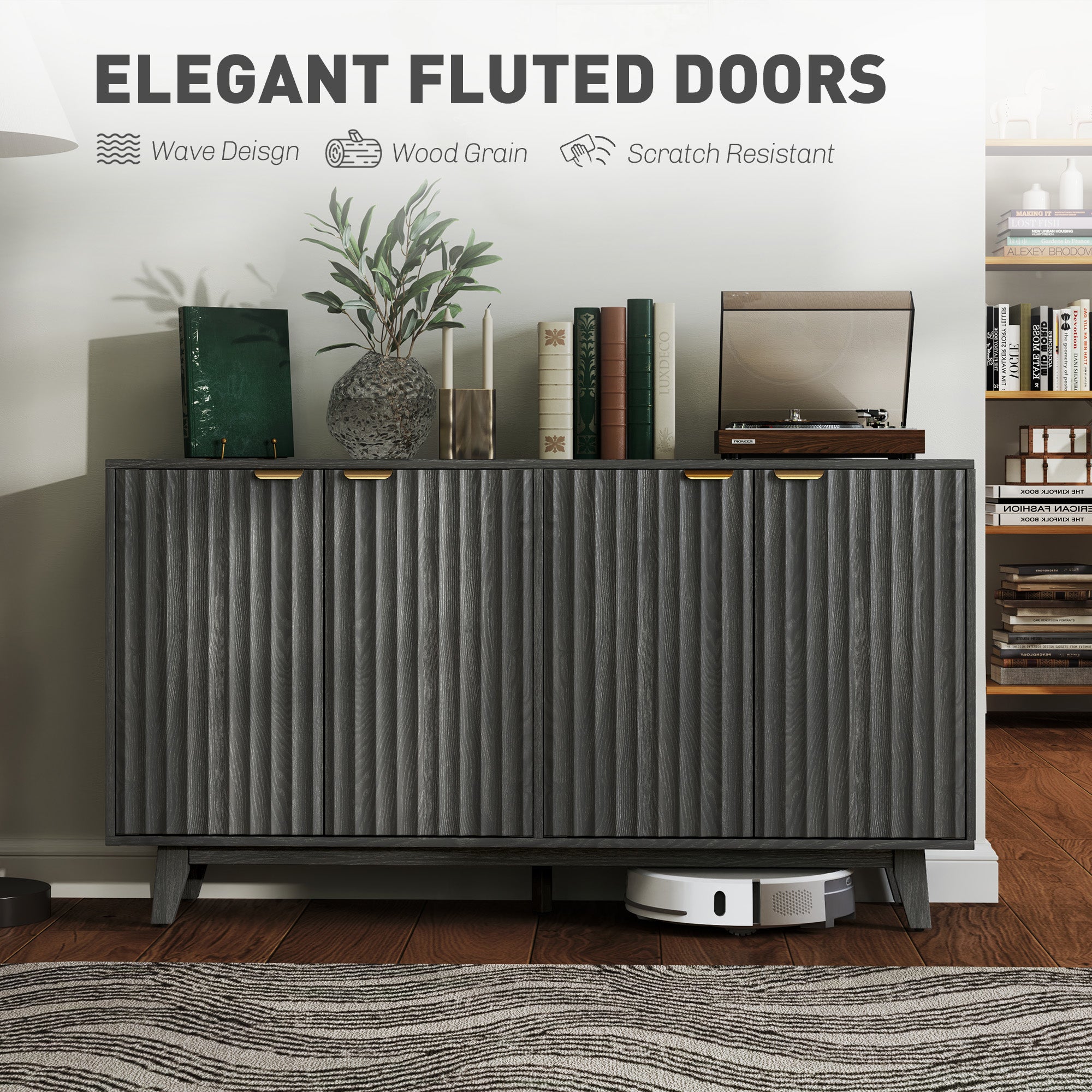 HOMCOM Fluted Buffet Cabinet with Storage, 55" Modern Sideboard Storage Cabinet with 4 Doors, 2 Adjustable Shelves and 5 Wood Legs, Coffee Bar Cabinet, Distressed Gray