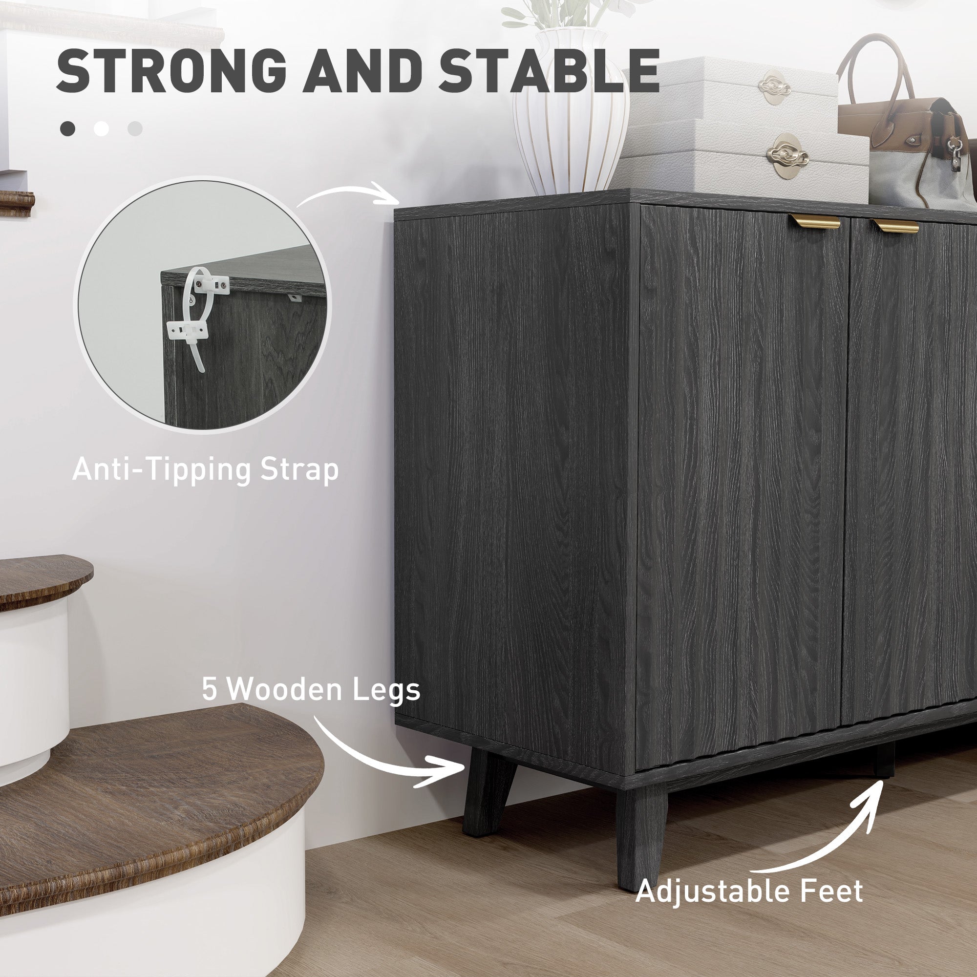 HOMCOM Fluted Buffet Cabinet with Storage, 55" Modern Sideboard Storage Cabinet with 4 Doors, 2 Adjustable Shelves and 5 Wood Legs, Coffee Bar Cabinet, Distressed Gray