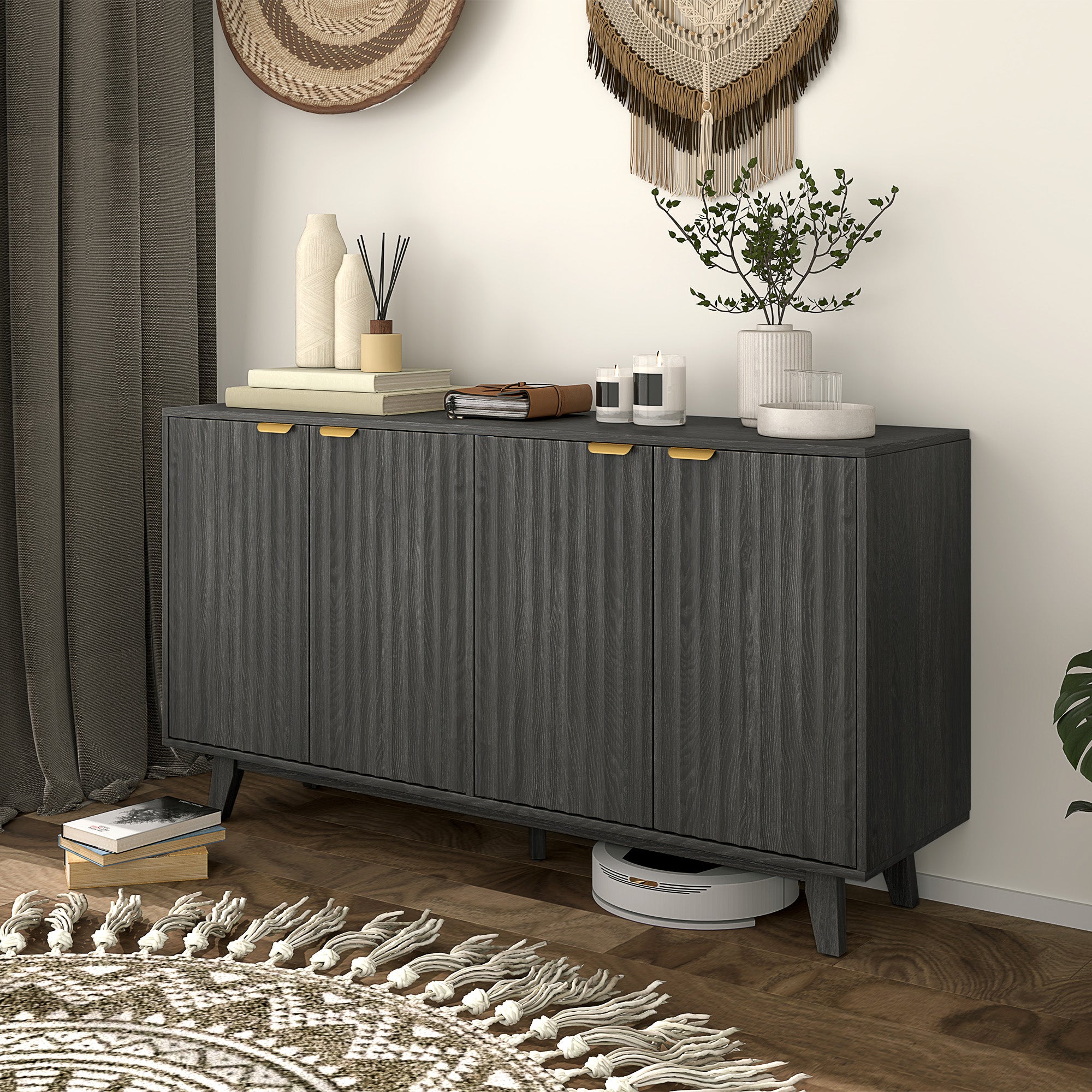 HOMCOM Fluted Buffet Cabinet with Storage, 55" Modern Sideboard Storage Cabinet with 4 Doors, 2 Adjustable Shelves and 5 Wood Legs, Coffee Bar Cabinet, Distressed Gray