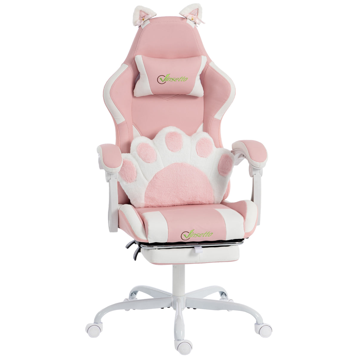 Cute Gaming Chair with Cat Ears, Ergonomic Gamer Computer Chair with Lumbar Support, Footrest, Headrest, High Back, Reclining, Swivel, Faux Leather for Office, Women, Pink