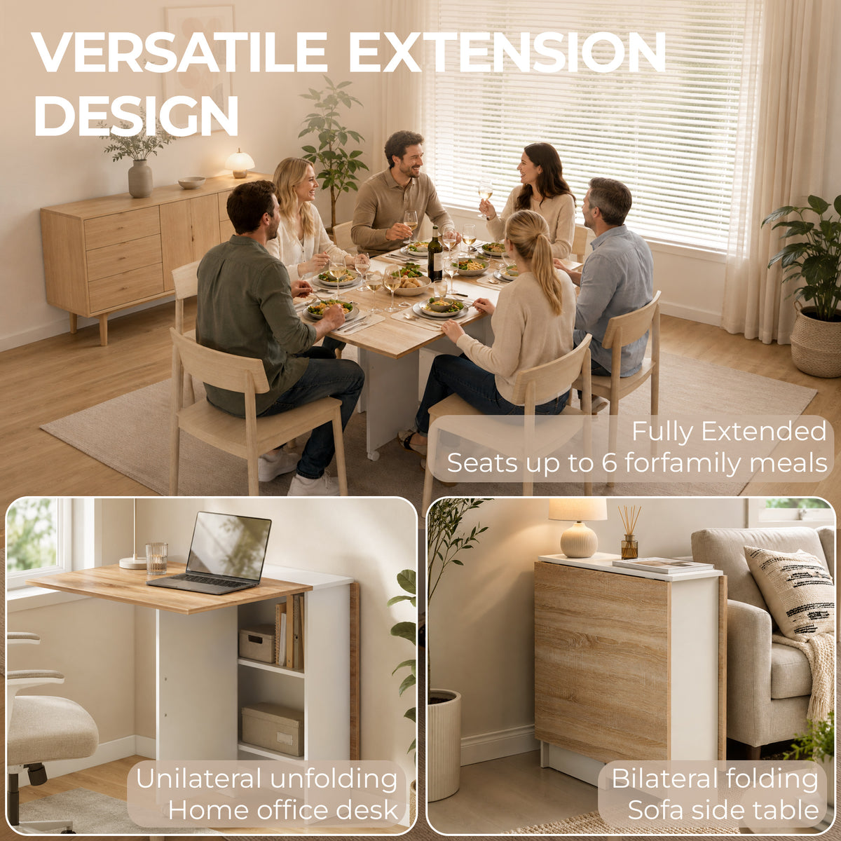 Folding Dining Table, Drop Leaf Table with 2-Tier Shelves, Rolling Casters, for Small Spaces, Kitchen, White and Natural