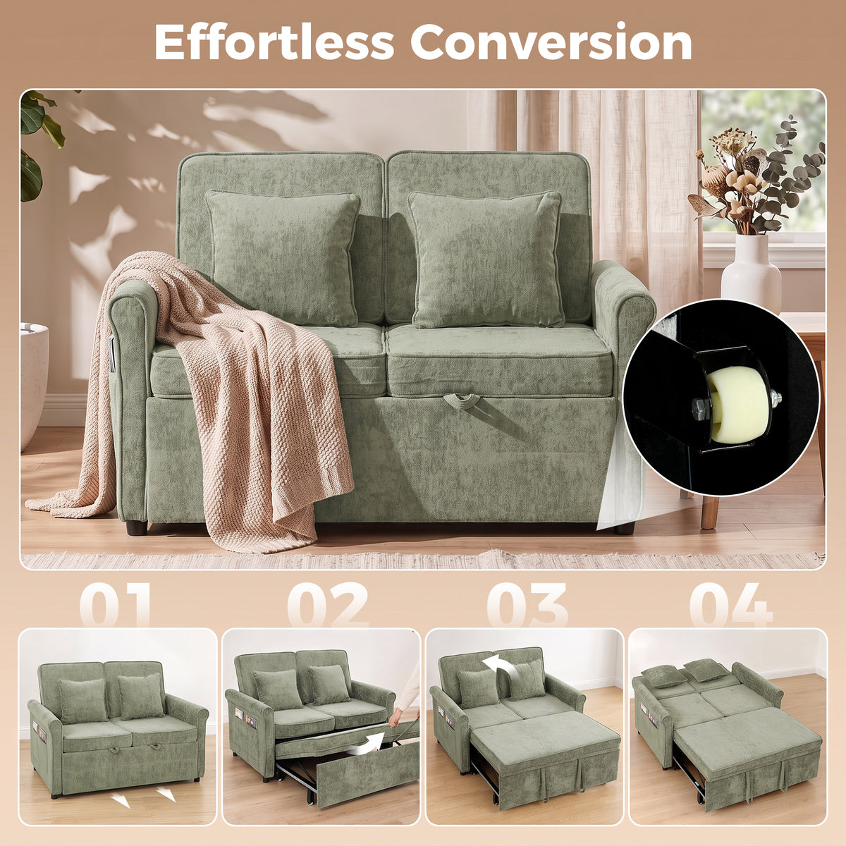 2 Seater Sofa Bed, 3-in-1 Convertible Pull Out Double Sleeper Sofa 190 x 130 cm, 5-Position Adjustable Backrest, Chenille Loveseat Bed Settee for Living Room, Bedroom, Guest Room, Light Green
