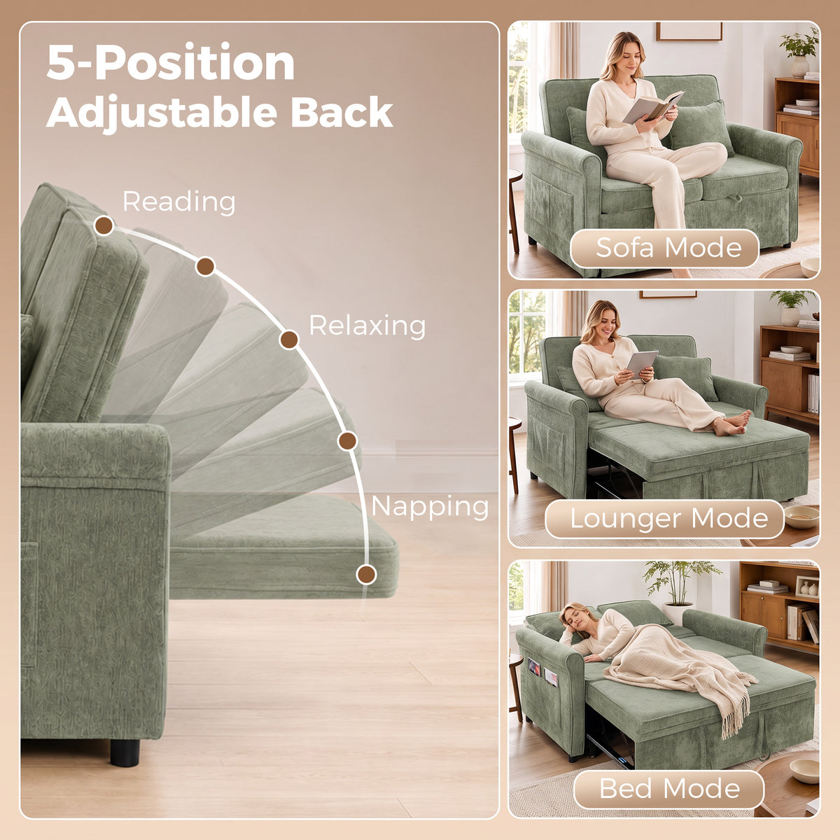 2 Seater Sofa Bed, 3-in-1 Convertible Pull Out Double Sleeper Sofa 190 x 130 cm, 5-Position Adjustable Backrest, Chenille Loveseat Bed Settee for Living Room, Bedroom, Guest Room, Light Green