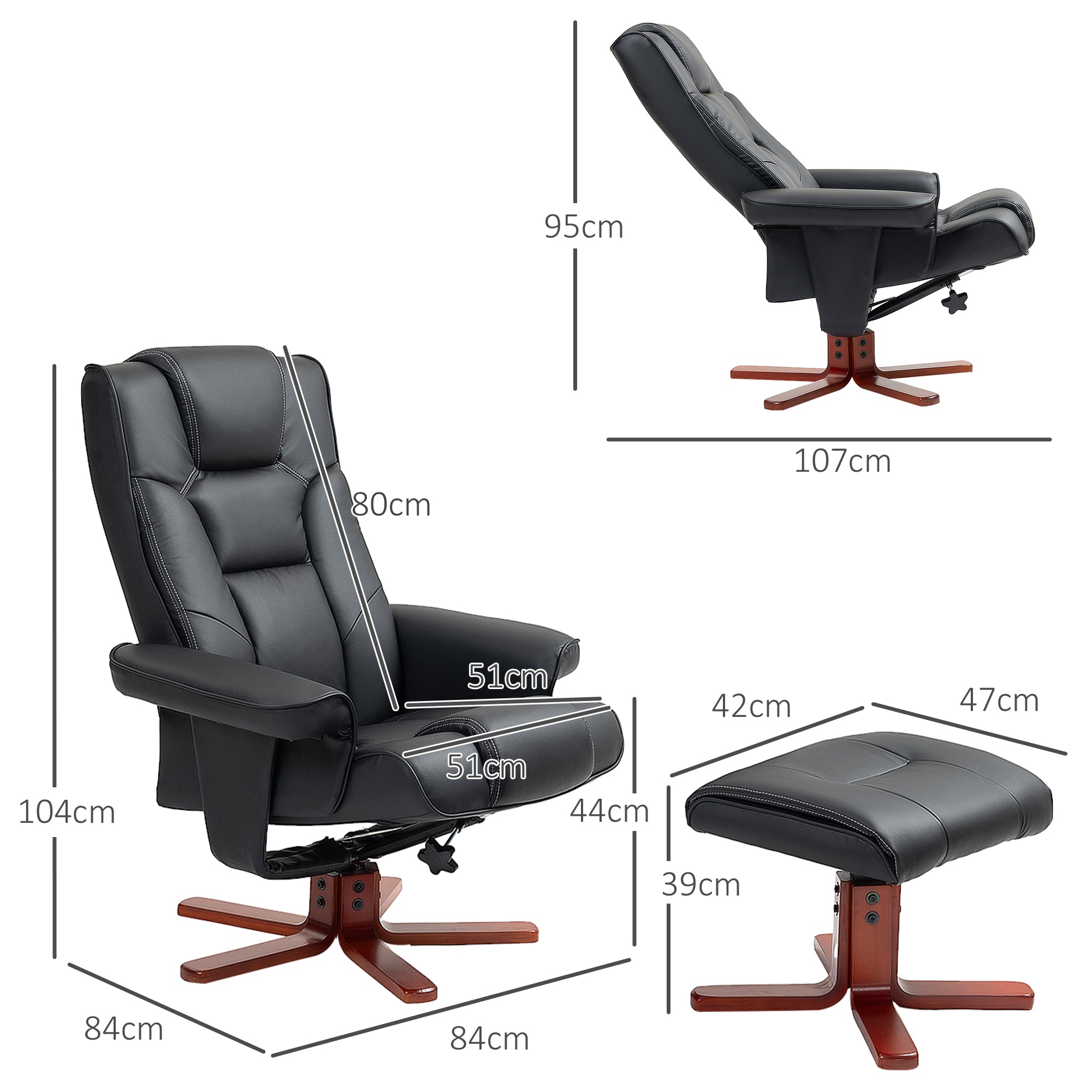 HOMCOM Recliner Chair with Footstool, PU Leather Upholstered Armchair with Adjustable Backrest, Leisure Lounge Chair for Living Room, Bedroom, Black