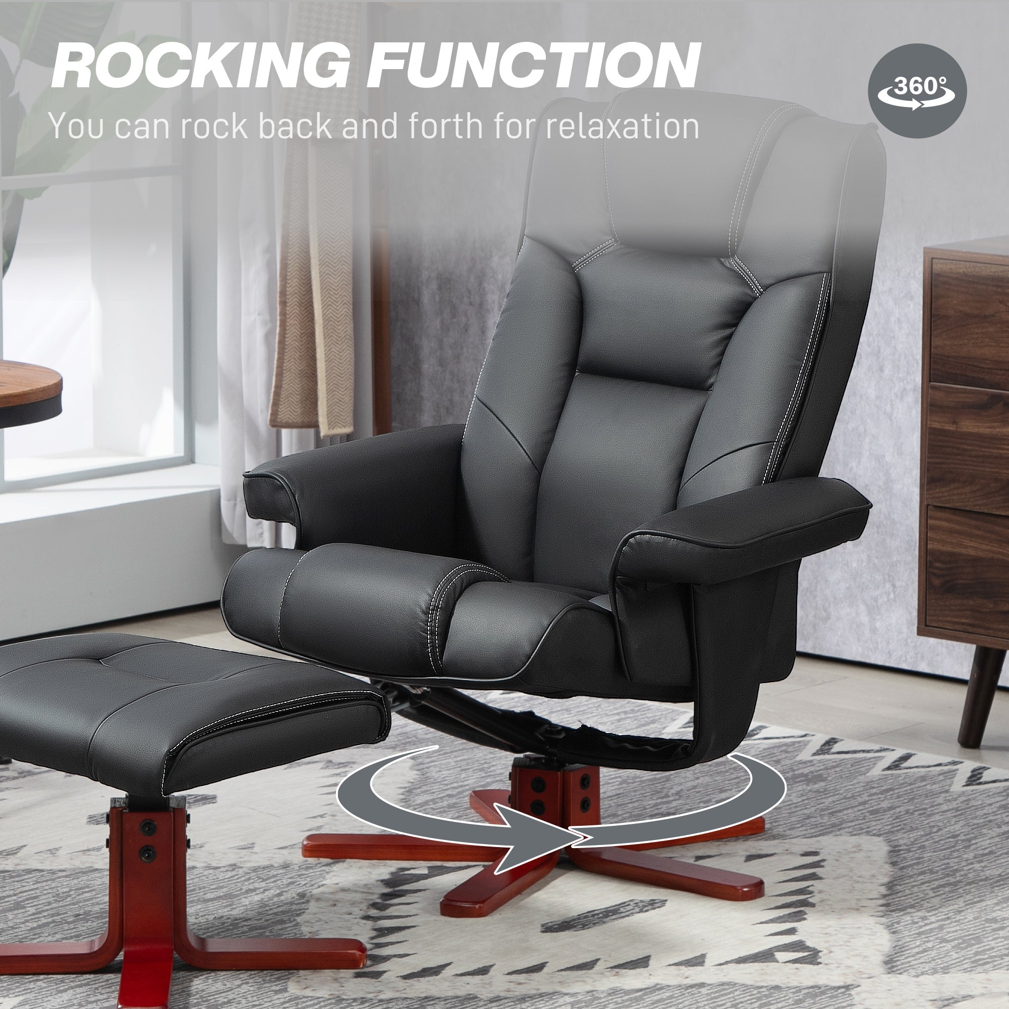 HOMCOM Recliner Chair with Footstool, PU Leather Upholstered Armchair with Adjustable Backrest, Leisure Lounge Chair for Living Room, Bedroom, Black