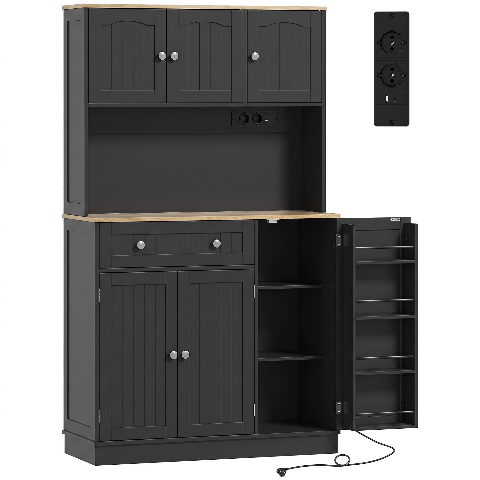 173 cm Tall Kitchen Cupboard with Charging Station, Pantry Storage Cabinet with Microwave Stand, Adjustable Shelves, 4 Door Racks, Farmhouse Kitchen Cabinet for Dining Room, Black