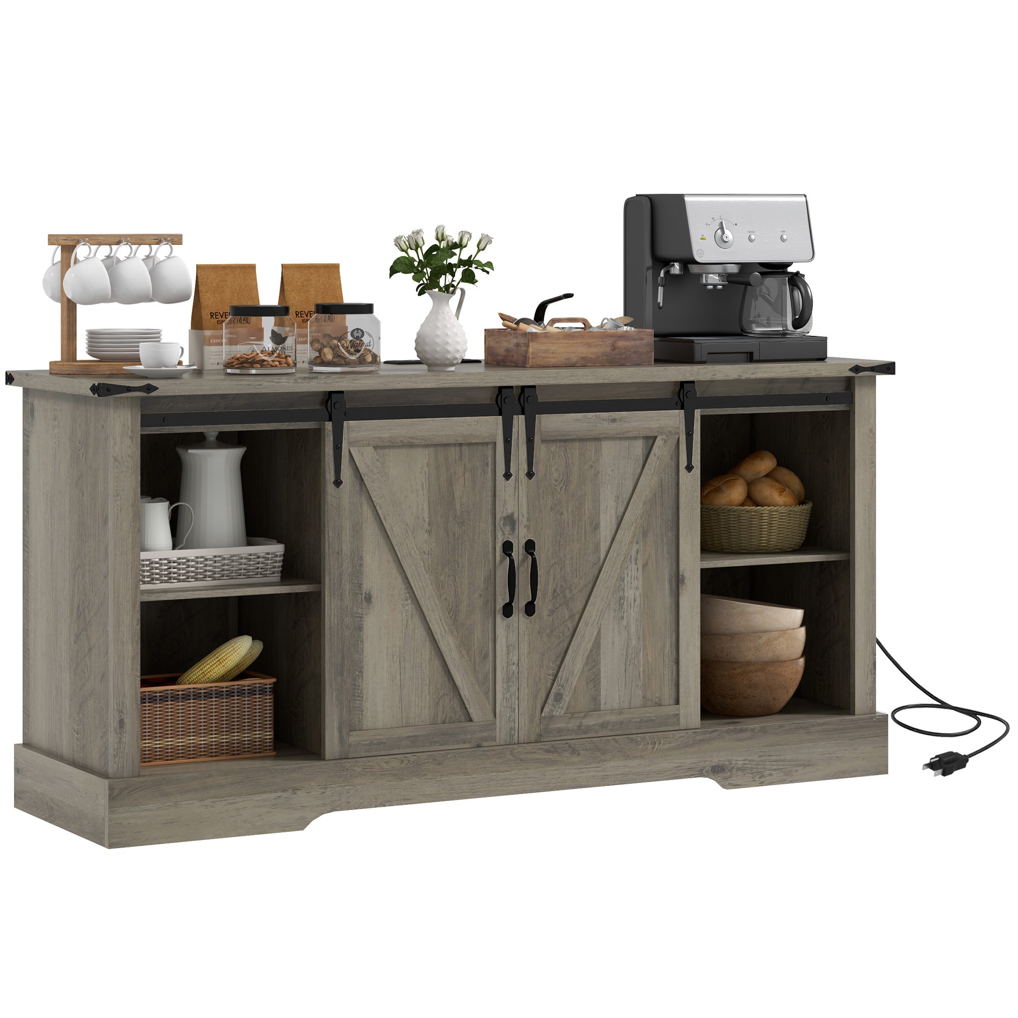 Sideboard with Charging Station Farmhouse Coffee Bar Cabinet TV Stand for TVs Up to 65" Gray