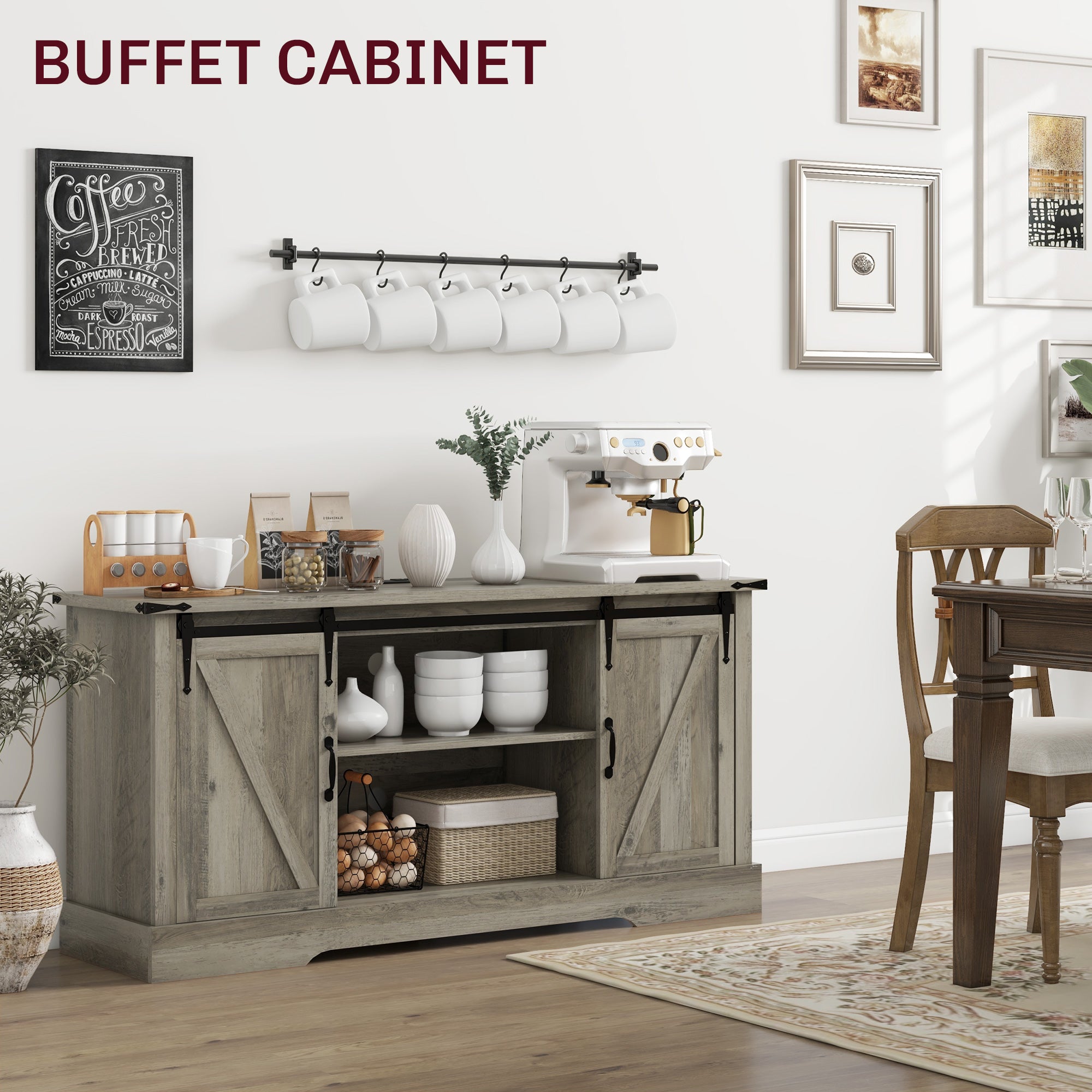 Sideboard with Charging Station Farmhouse Coffee Bar Cabinet TV Stand for TVs Up to 65" Gray