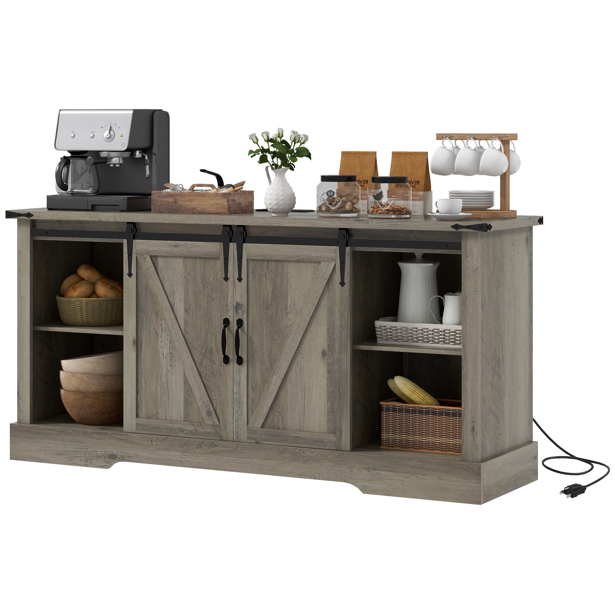 Sideboard with Charging Station Farmhouse Coffee Bar Cabinet TV Stand for TVs Up to 65" Gray