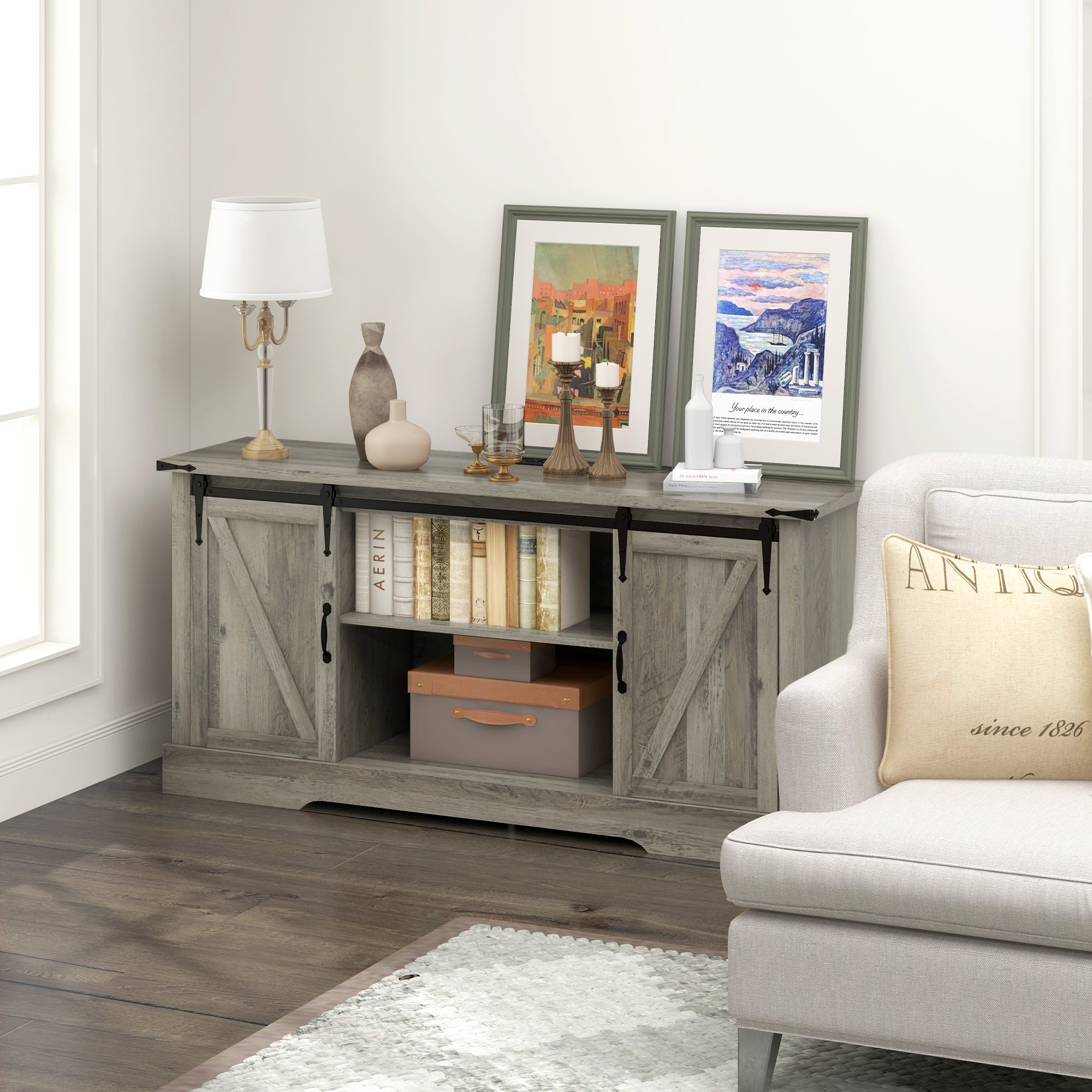 Sideboard with Charging Station Farmhouse Coffee Bar Cabinet TV Stand for TVs Up to 65" Gray