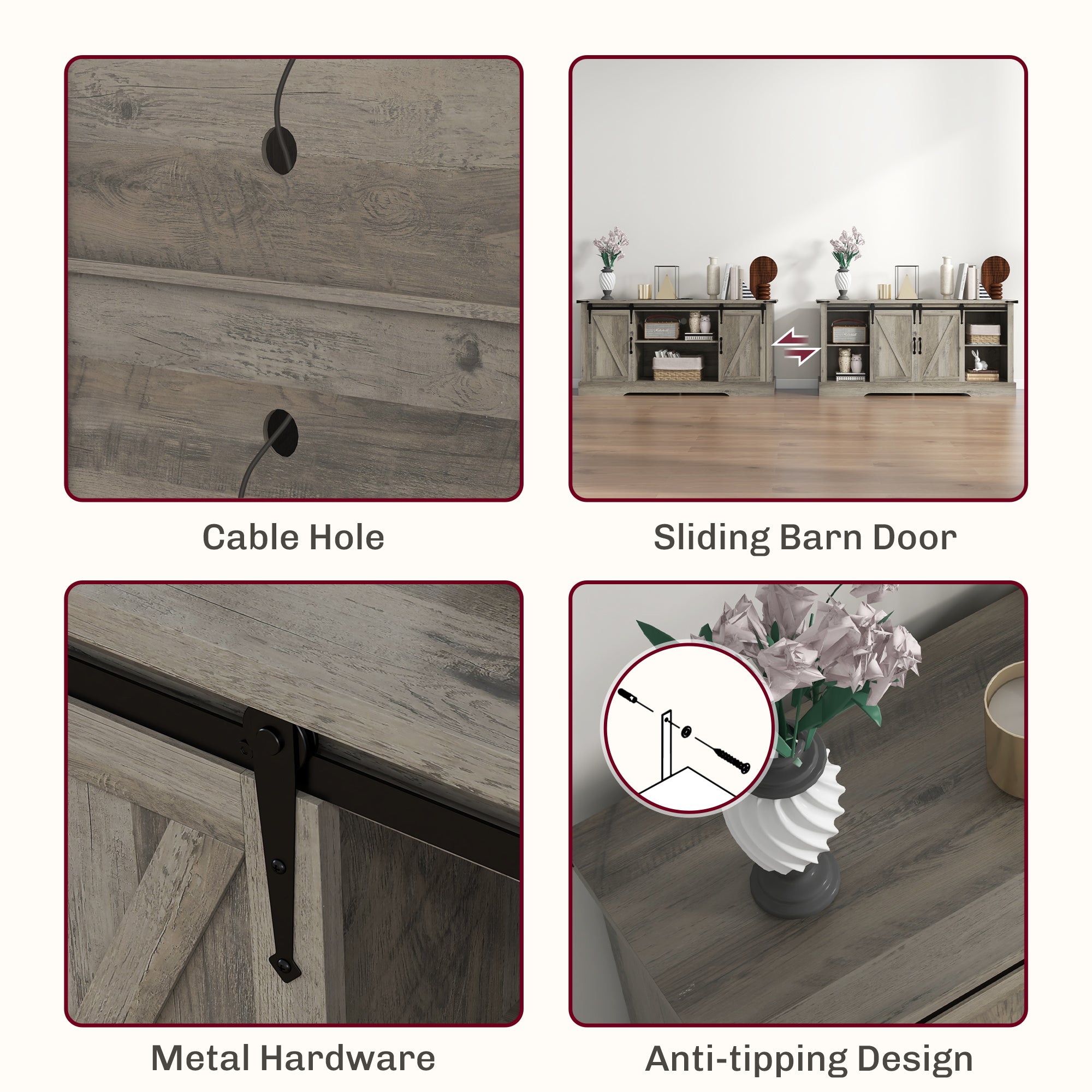 Sideboard with Charging Station Farmhouse Coffee Bar Cabinet TV Stand for TVs Up to 65" Gray