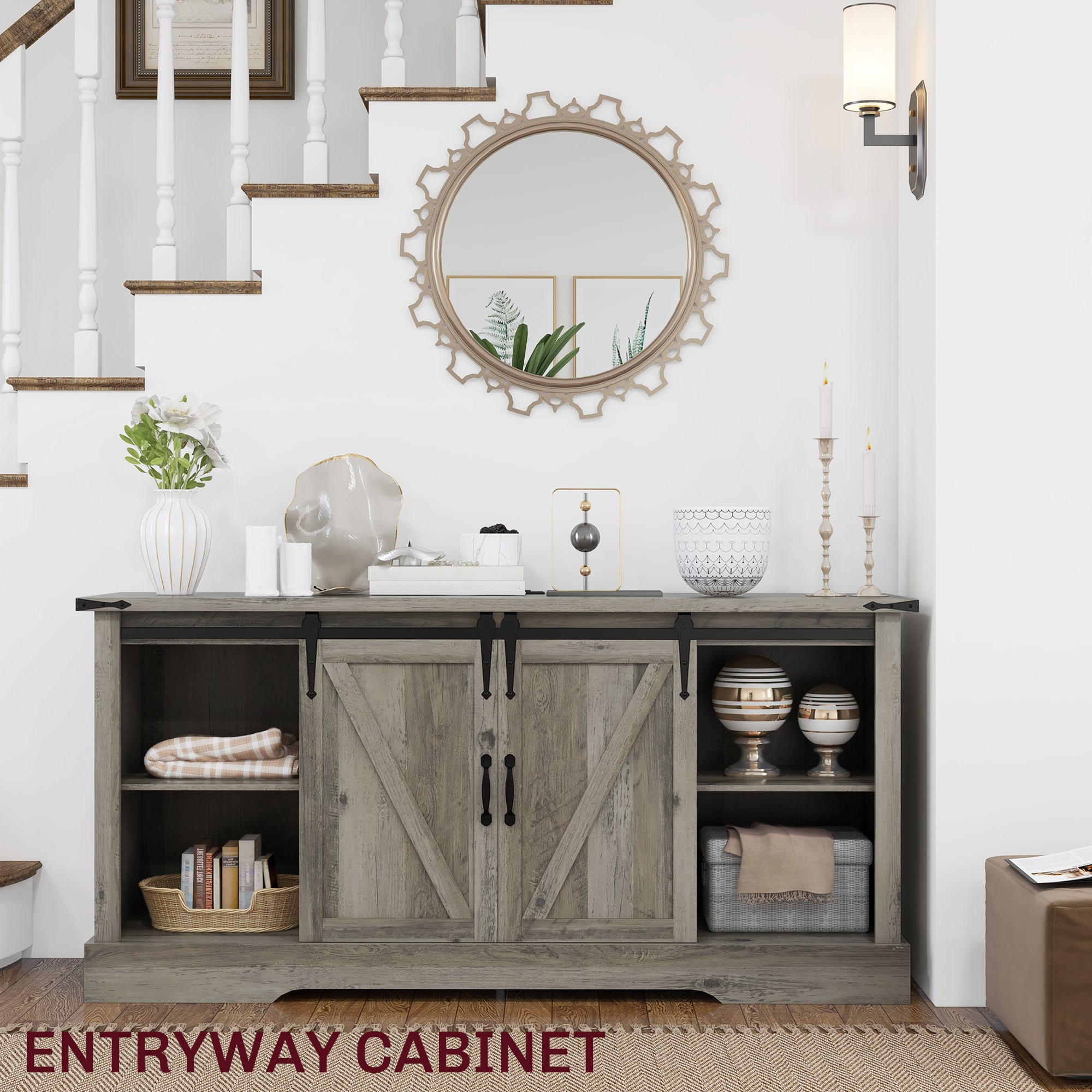 Sideboard with Charging Station Farmhouse Coffee Bar Cabinet TV Stand for TVs Up to 65" Gray