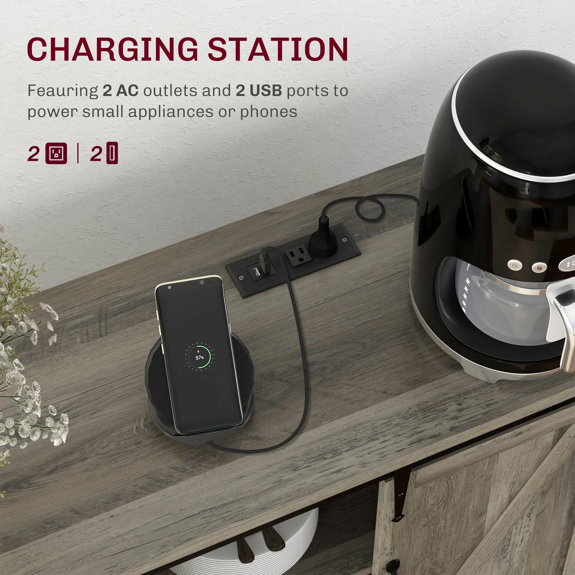 Sideboard with Charging Station Farmhouse Coffee Bar Cabinet TV Stand for TVs Up to 65" Gray