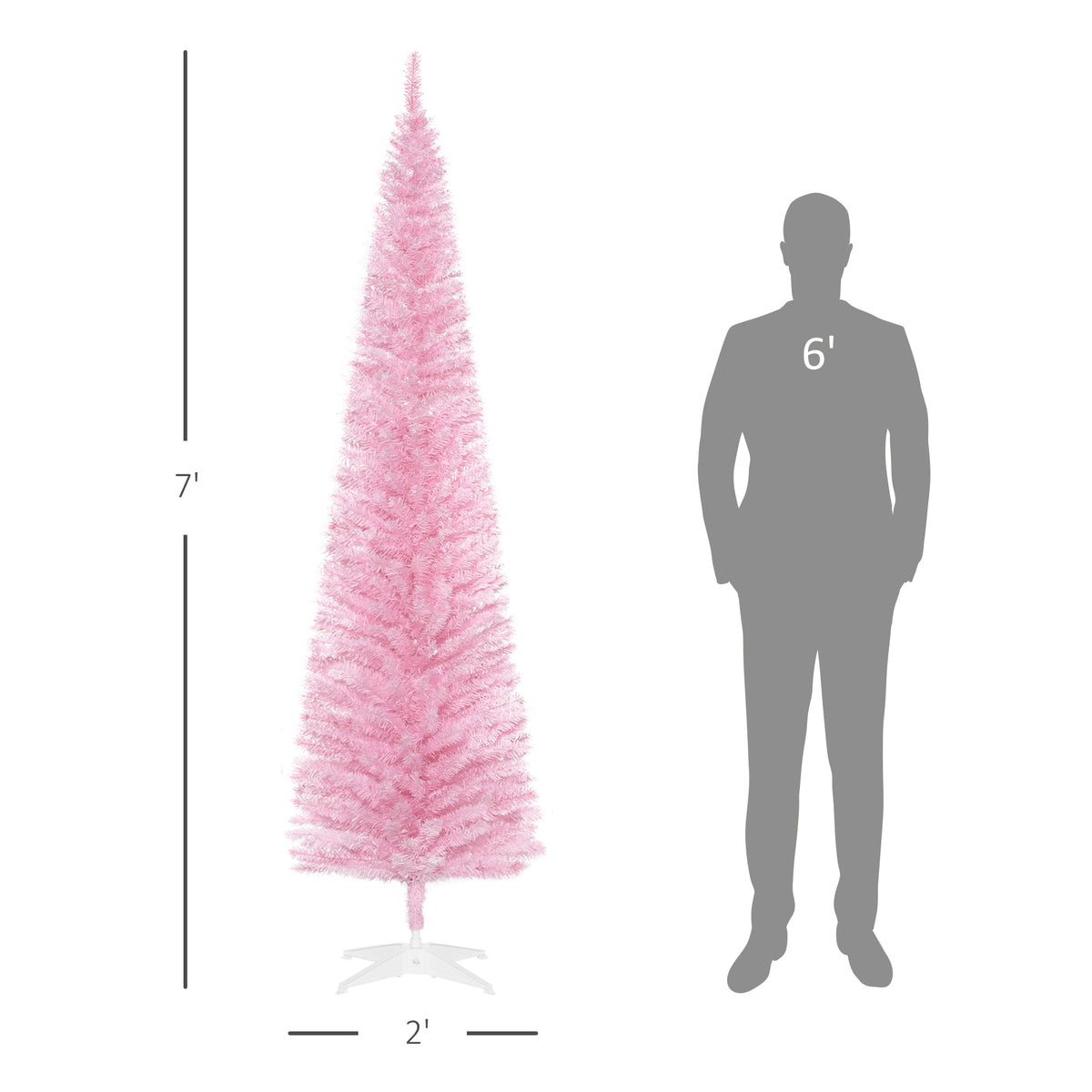 7' Artificial Pencil Christmas Tree, Slim Xmas Tree with 499 Realistic Branch Tips and Plastic Stand, Pink