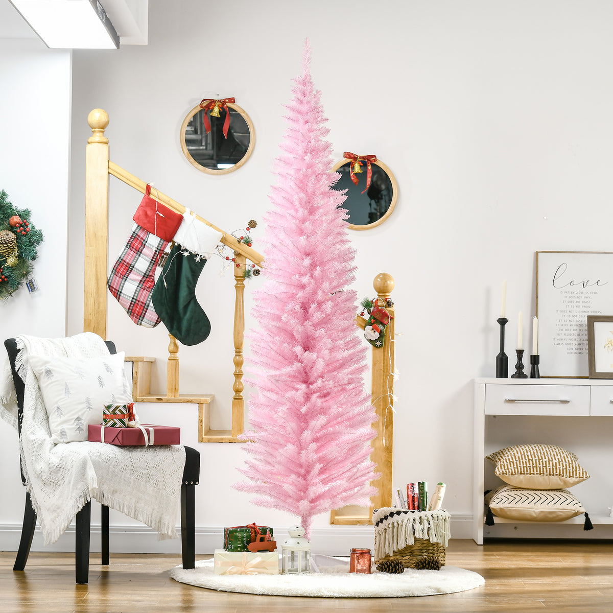 7' Artificial Pencil Christmas Tree, Slim Xmas Tree with 499 Realistic Branch Tips and Plastic Stand, Pink