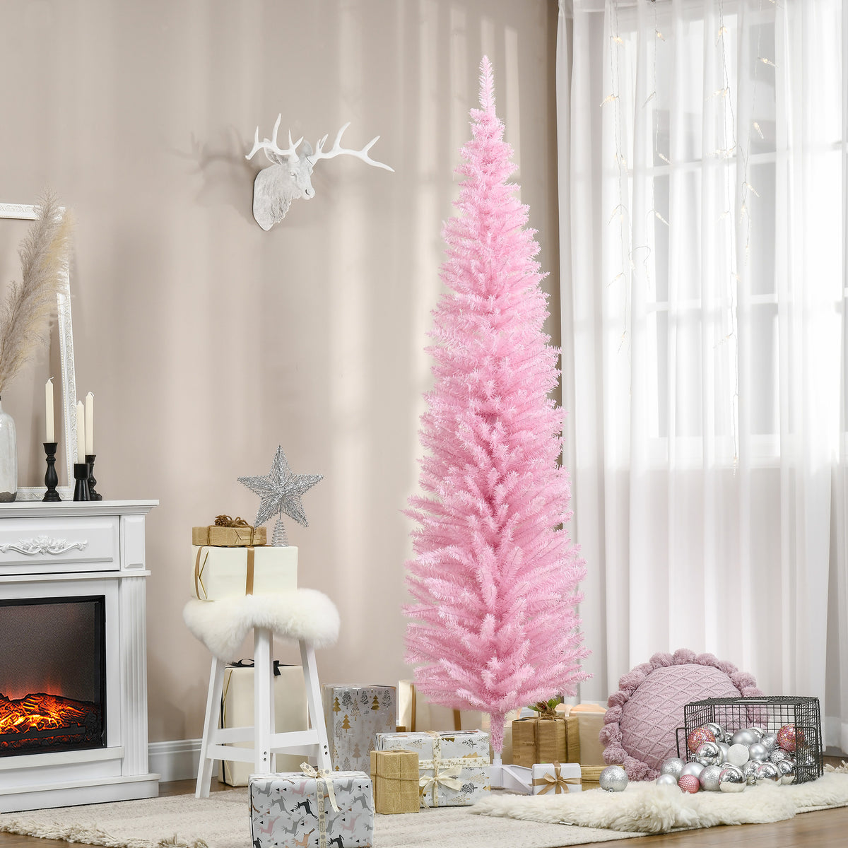 7' Artificial Pencil Christmas Tree, Slim Xmas Tree with 499 Realistic Branch Tips and Plastic Stand, Pink