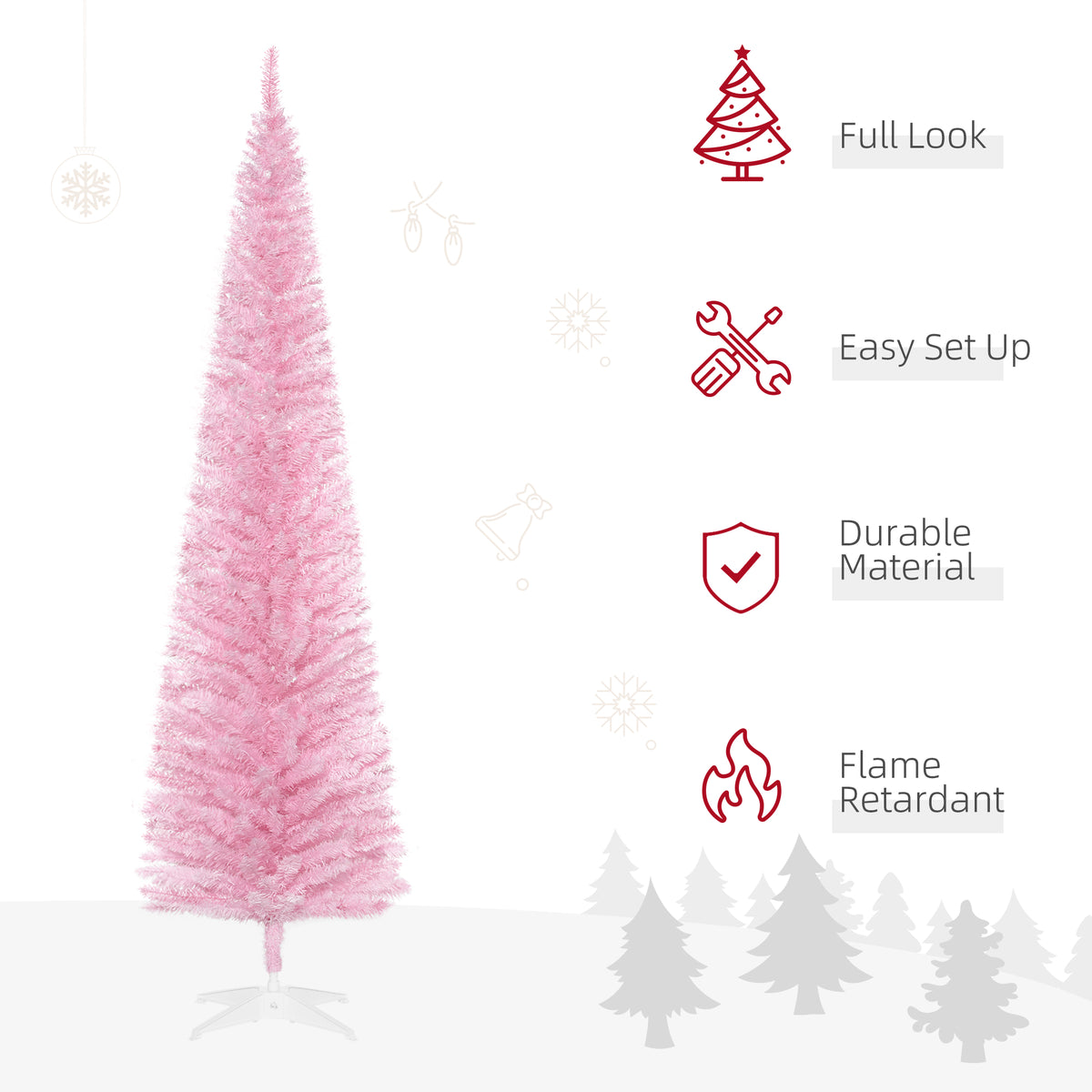 7' Artificial Pencil Christmas Tree, Slim Xmas Tree with 499 Realistic Branch Tips and Plastic Stand, Pink