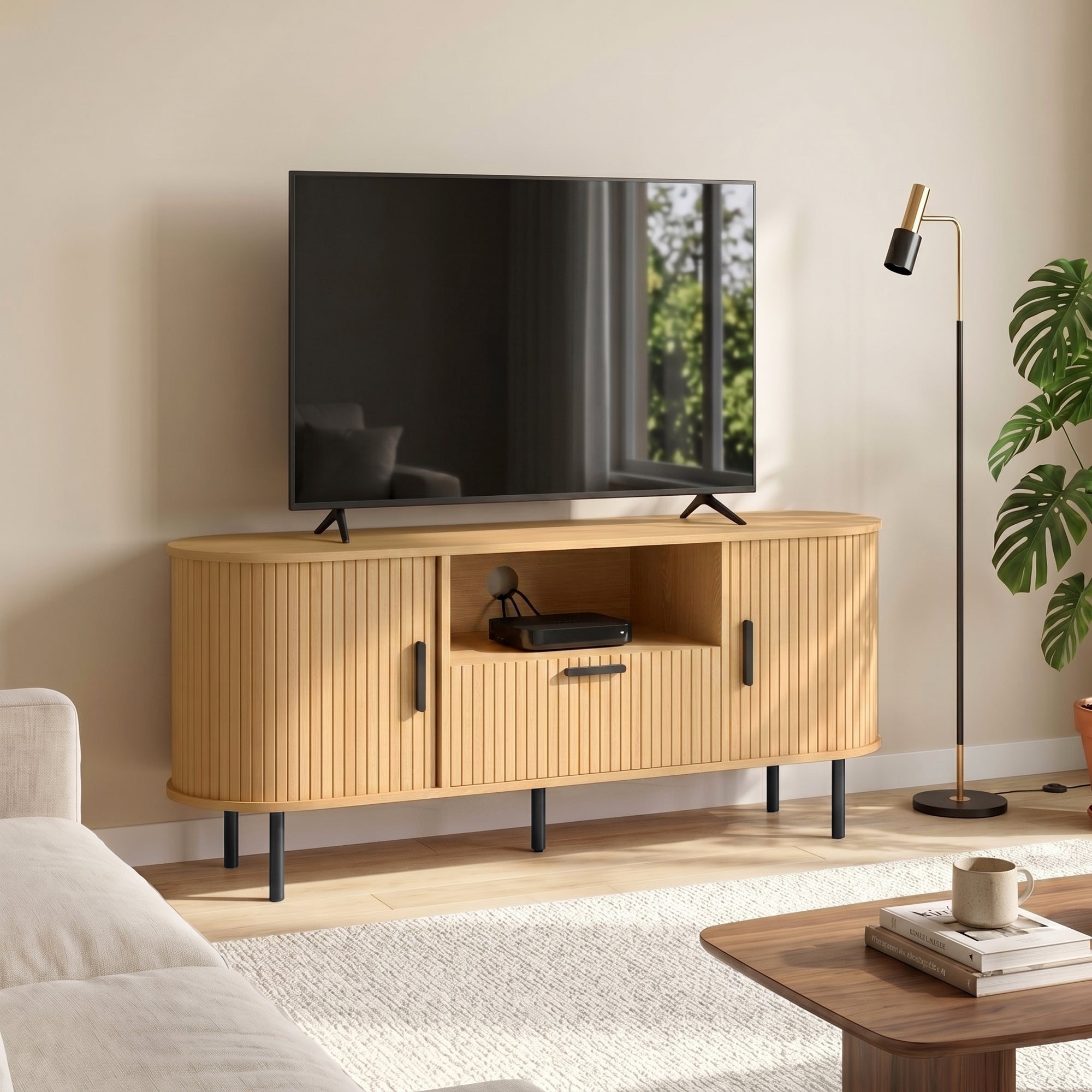 TV Stand for TVs up to 60", Modern Entertainment Center with Curved Sliding Doors, Media Console with Drawer, Cabinet and Shelf, Natural Wood