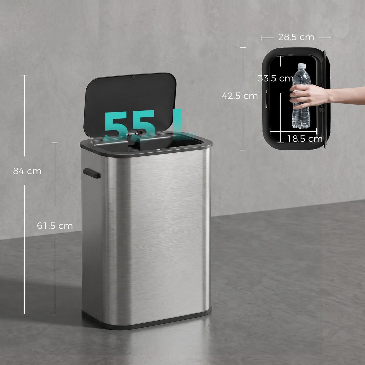55L Sensor Bin for Kitchen, Touchless Automatic Waste Rubbish Bin with Soft-Close Lid, Fingerprint-Resistant Stainless Steel, Retainer Ring, Battery Operated for Home Office, Study, Silver Tone