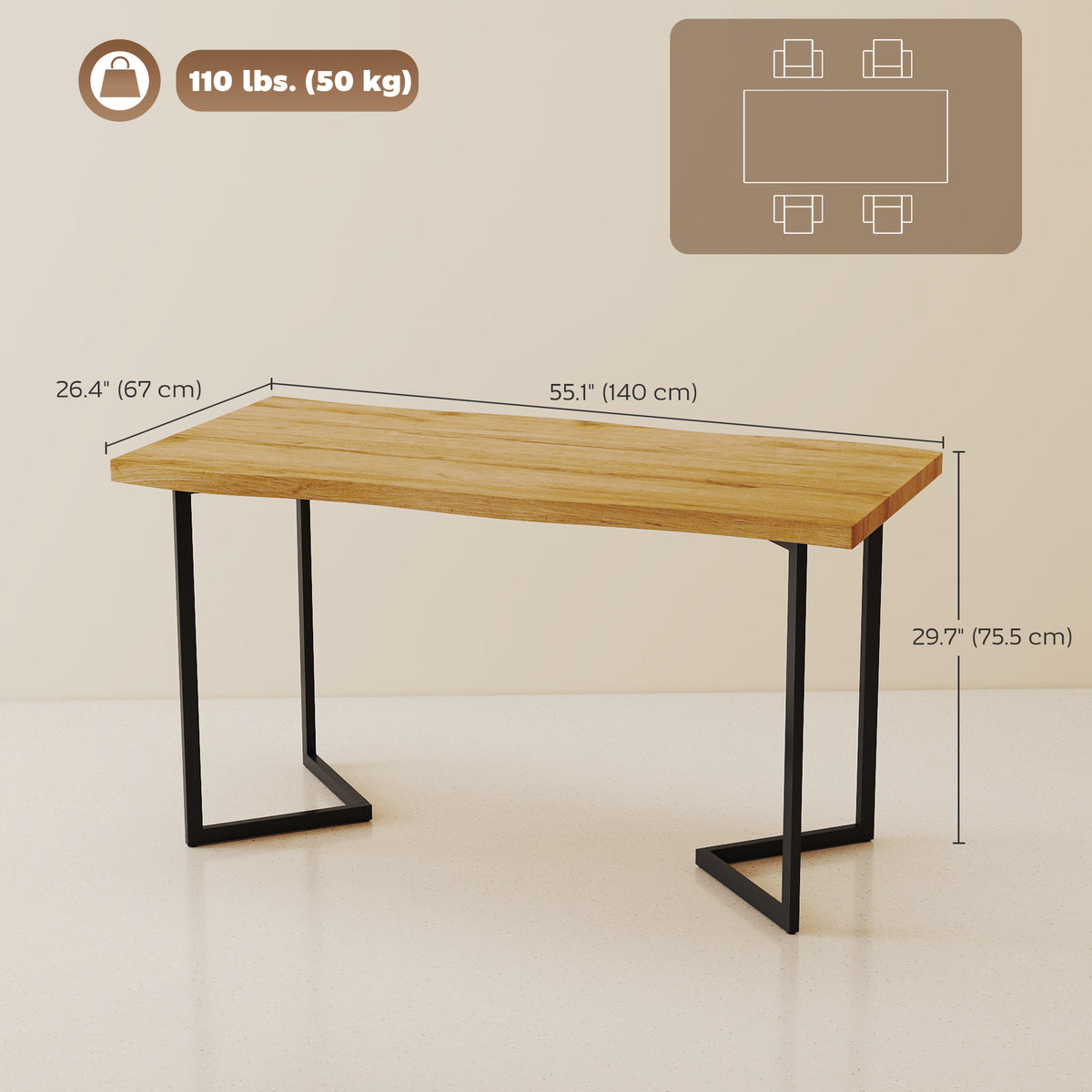 Rectangle Dining Table for 4 People, Modern Kitchen Table with Thick Tabletop and Metal Legs for Dining Room, Living Room, Kitchen, Oak Wood Grain
