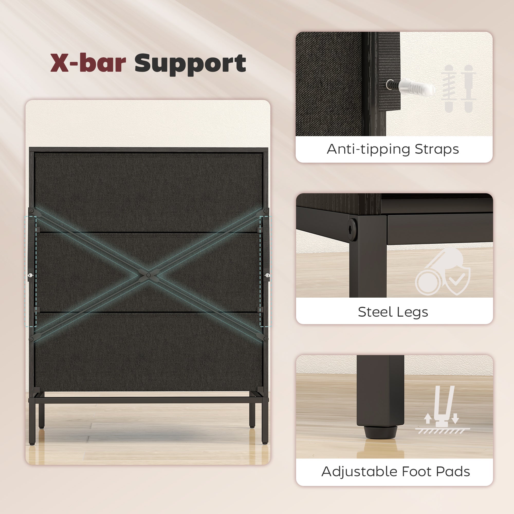 Chest of Drawers, Dresser with 3 Fabric Drawers, Bedroom Storage Unit with Aluminium Handles and Wood-effect Top for Living Room, Hallway, Entryway, Black