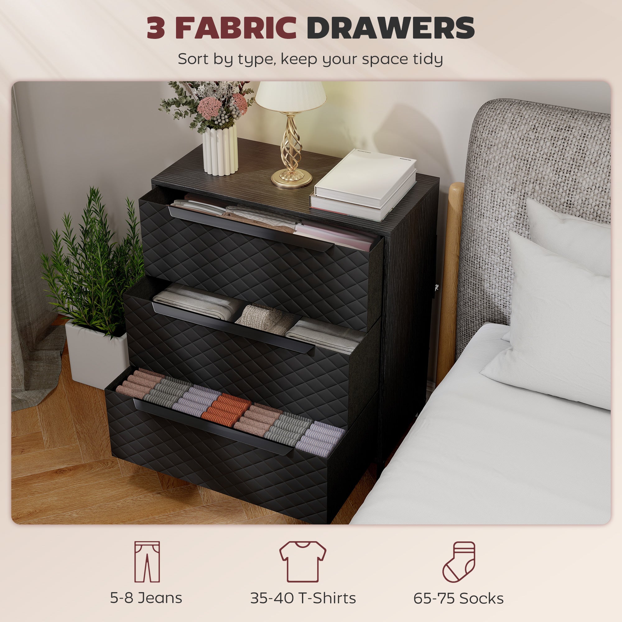 Chest of Drawers, Dresser with 3 Fabric Drawers, Bedroom Storage Unit with Aluminium Handles and Wood-effect Top for Living Room, Hallway, Entryway, Black