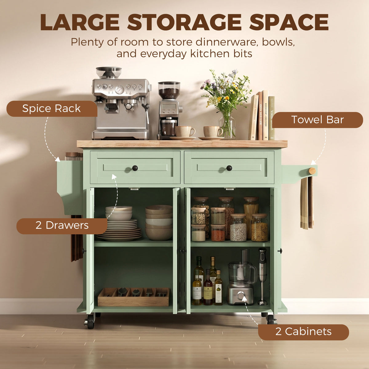 Kitchen Island on Wheels, Rolling Kitchen Storage Trolley with Rubber Wood Top, Drawers, Adjustable Shelves, Towel and Spice Rack for Dining Room, Light Green