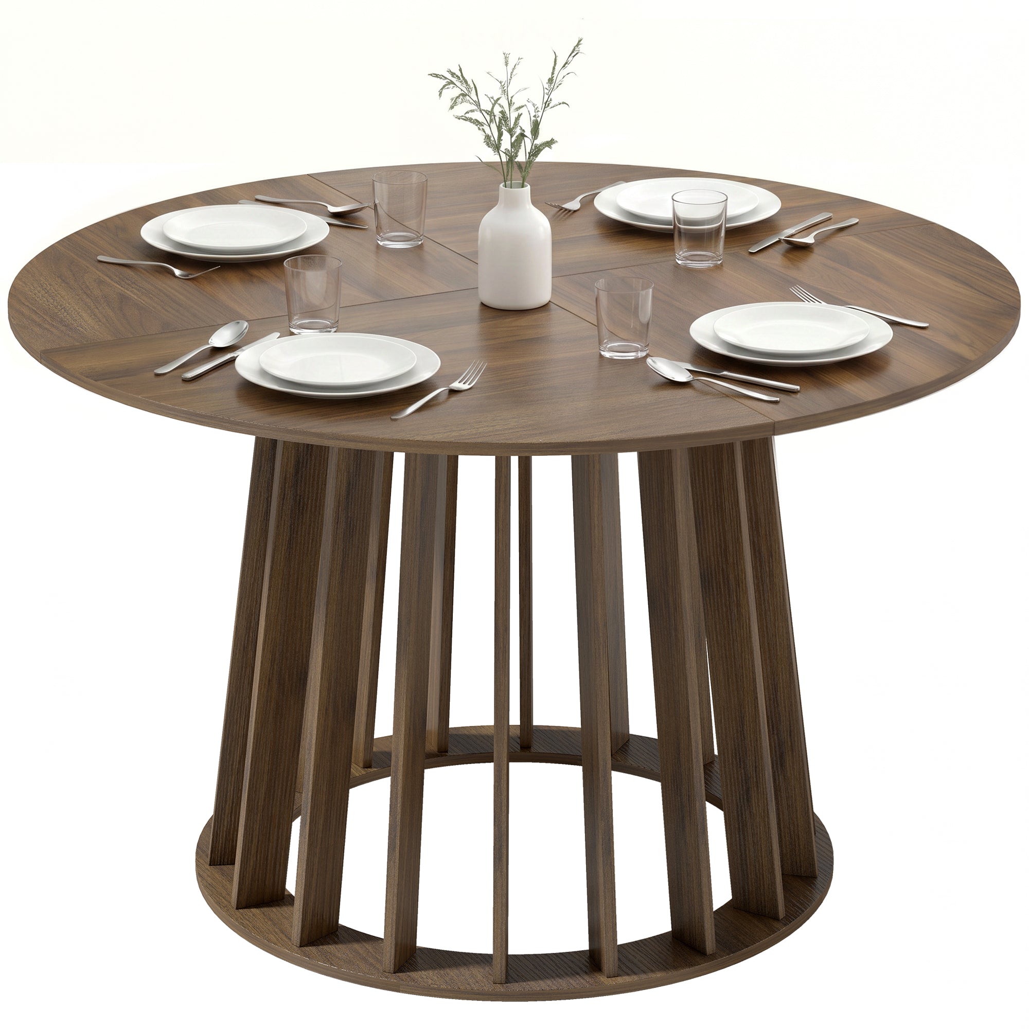 120 cm Round Dining Table for 4-6 People, Modern Kitchen Table with Slatted and Heavy Duty Pedestal Base for Dining Room, Kitchen, Living Room, Light Walnut