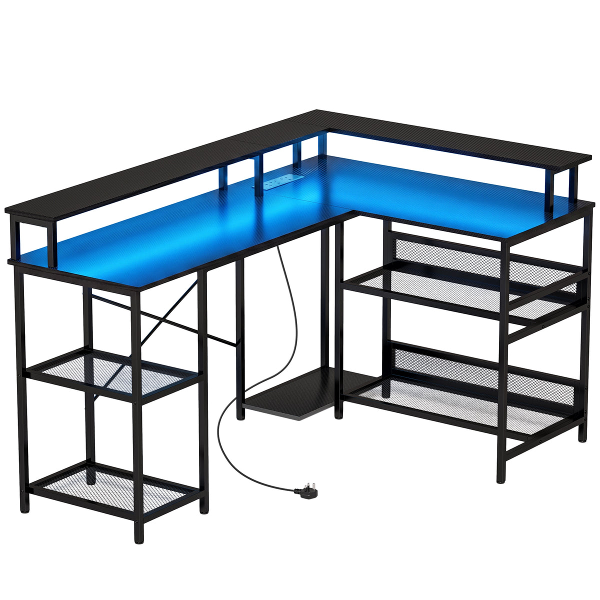 L Shaped Gaming Desk with LED Lights and Power Outlets, 150cm Corner Computer Desk with Monitor Stand and Storage Shelves, Home Office Desk for Small Space, Black Gaming Texture