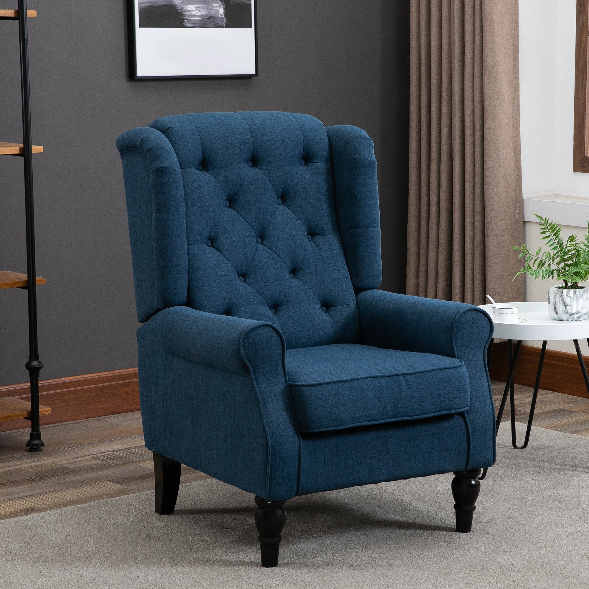 Mid-Century Accent Chair w/ High Wingback, Button-Tufted Fabric & Retro Wood Legs, Blue