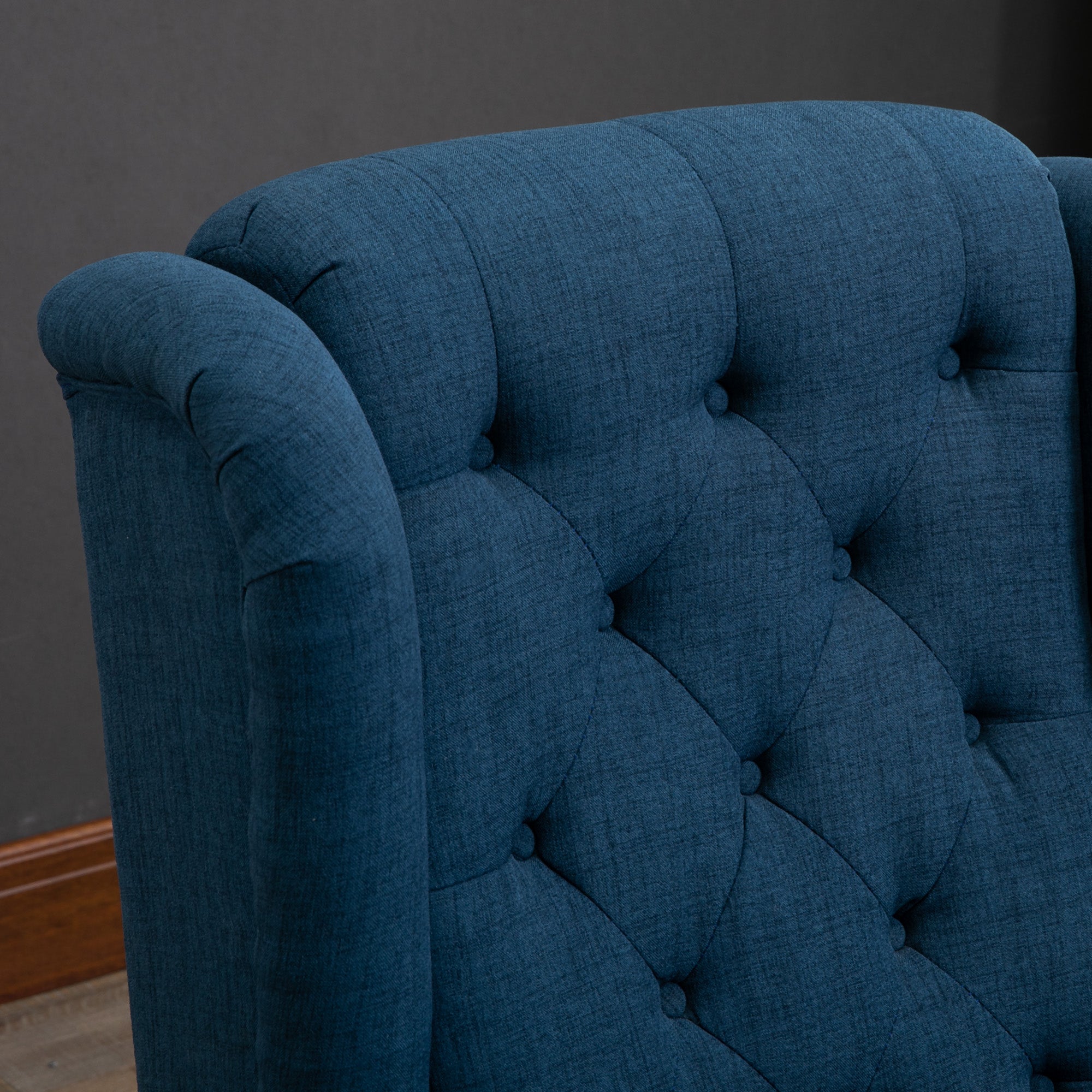 Mid-Century Accent Chair w/ High Wingback, Button-Tufted Fabric & Retro Wood Legs, Blue
