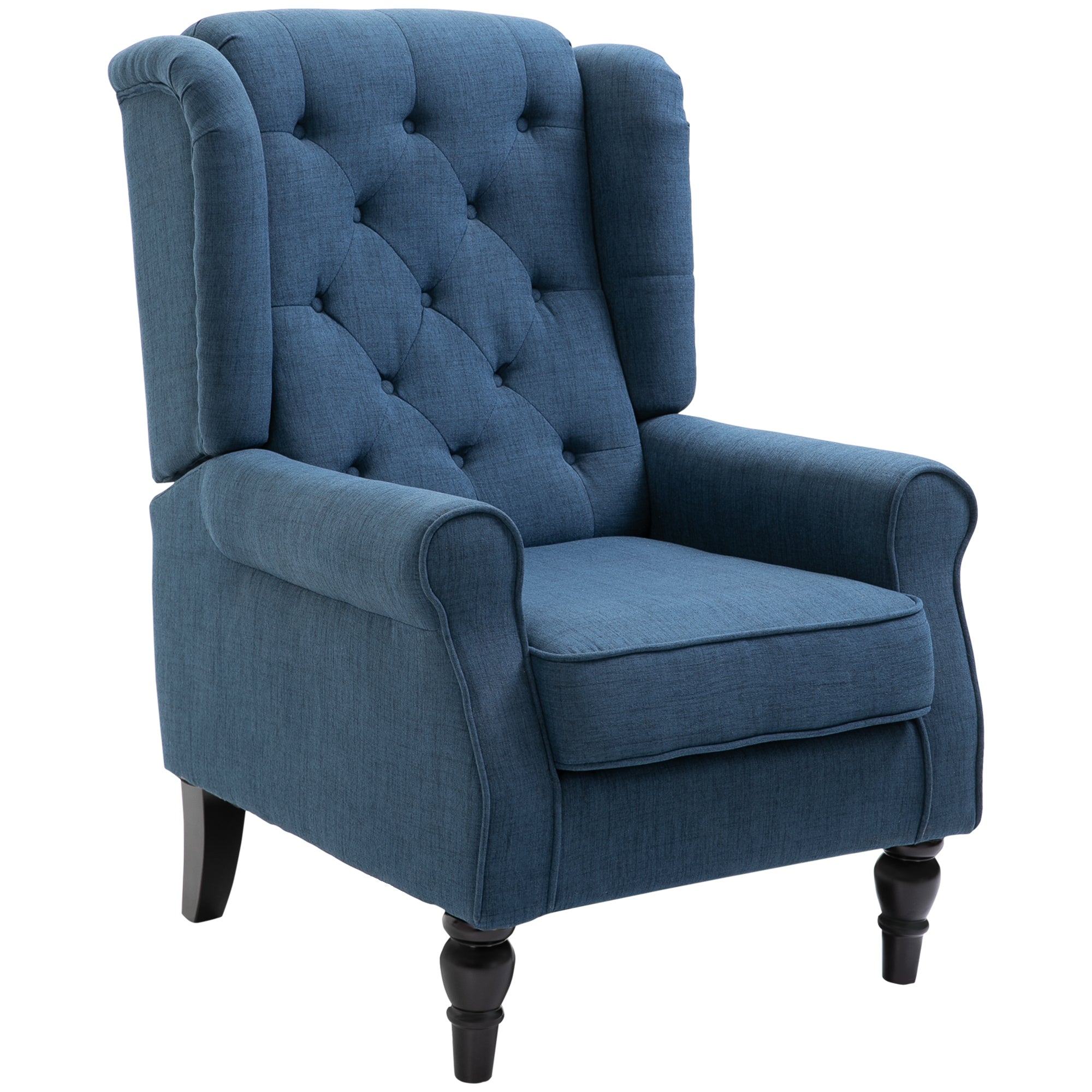 Mid-Century Accent Chair w/ High Wingback, Button-Tufted Fabric & Retro Wood Legs, Blue