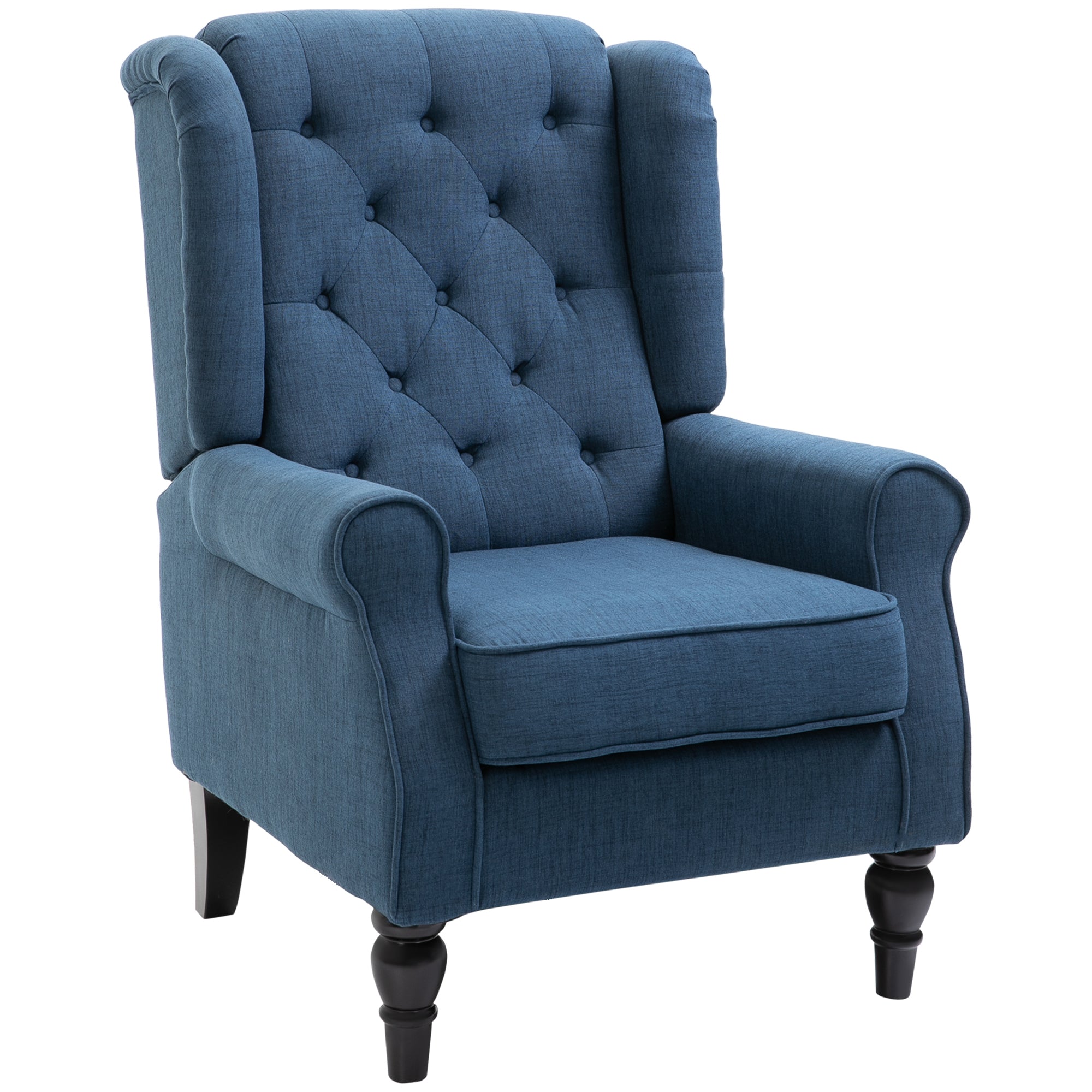 Mid-Century Accent Chair w/ High Wingback, Button-Tufted Fabric & Retro Wood Legs, Blue