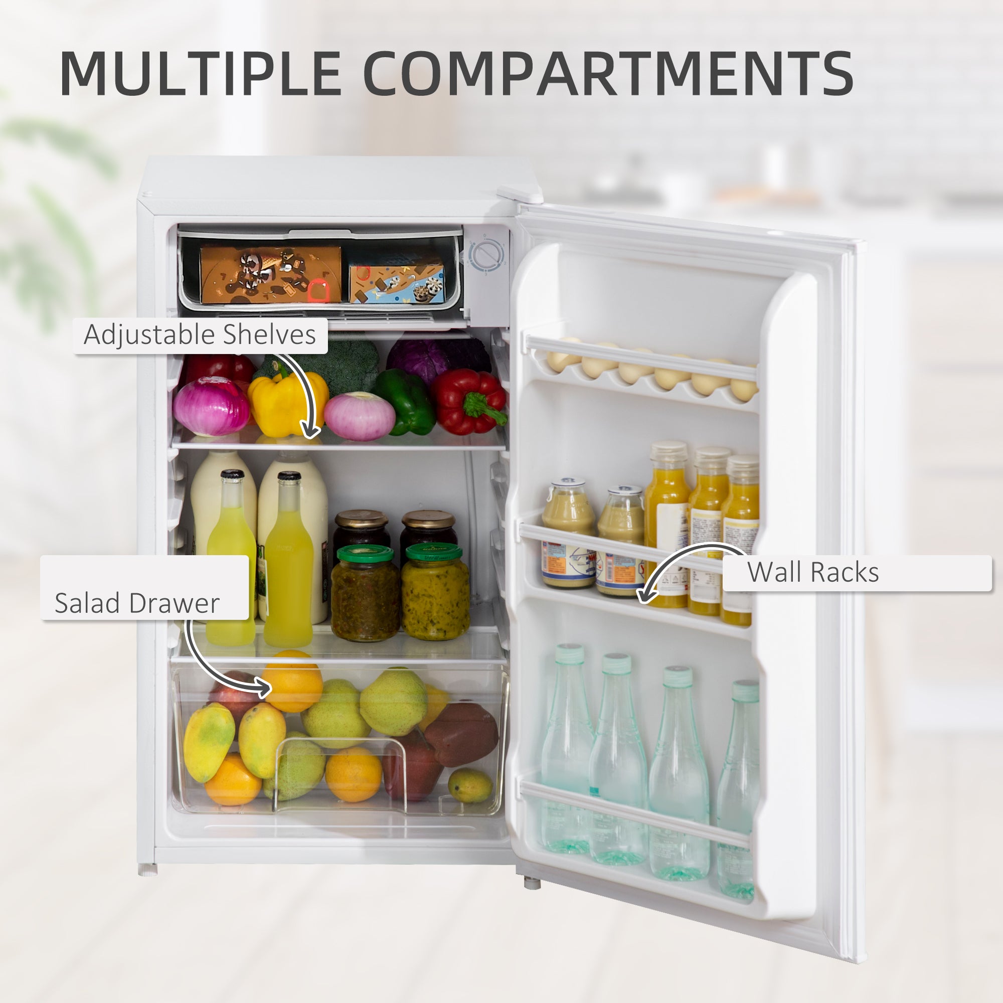 HOMCOM 91 Litre Freestanding Under Counter Fridge Freezer with Chiller Box, Reversible Door, Adjustable Thermostat, 47.5cm Wide, White