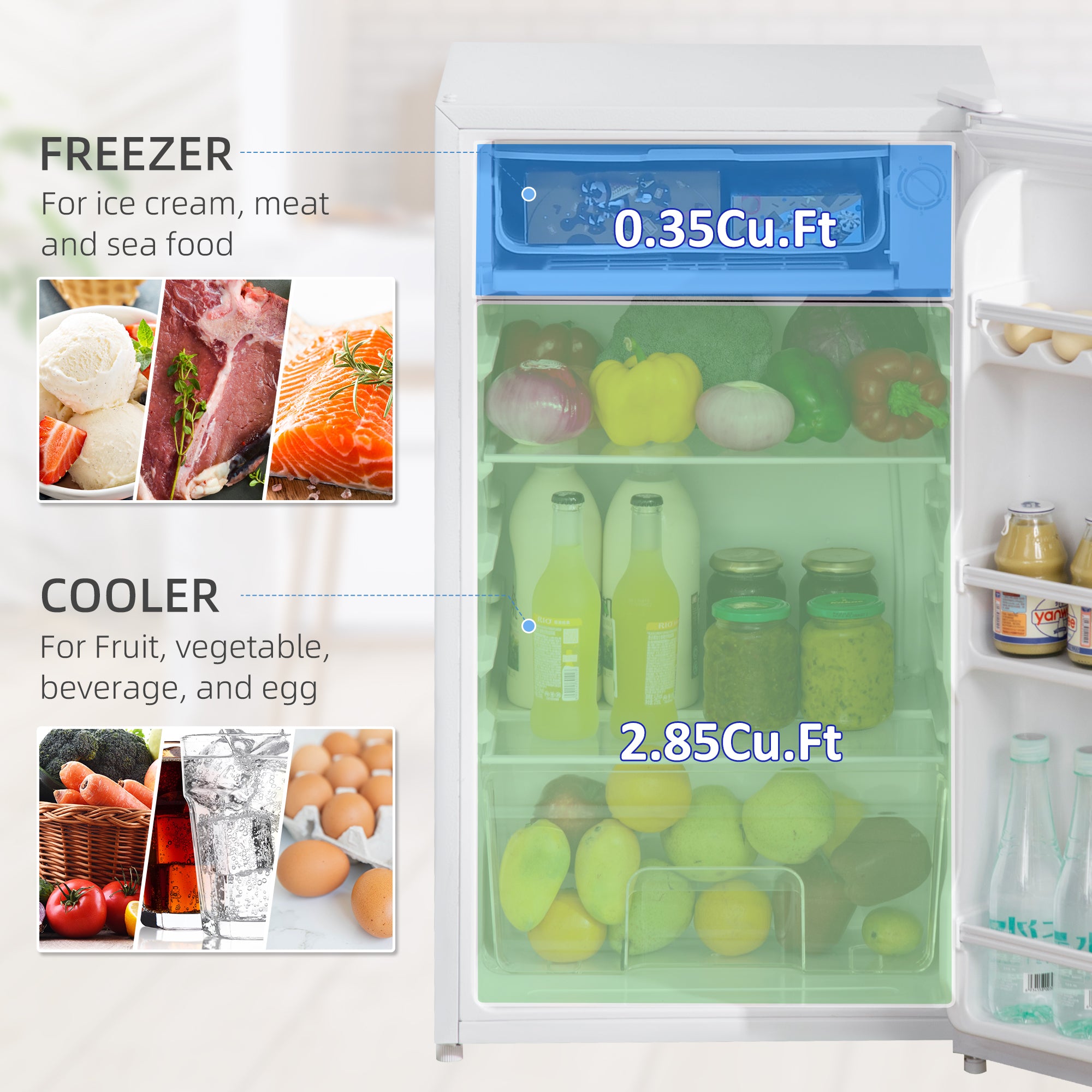 HOMCOM 91 Litre Freestanding Under Counter Fridge Freezer with Chiller Box, Reversible Door, Adjustable Thermostat, 47.5cm Wide, White