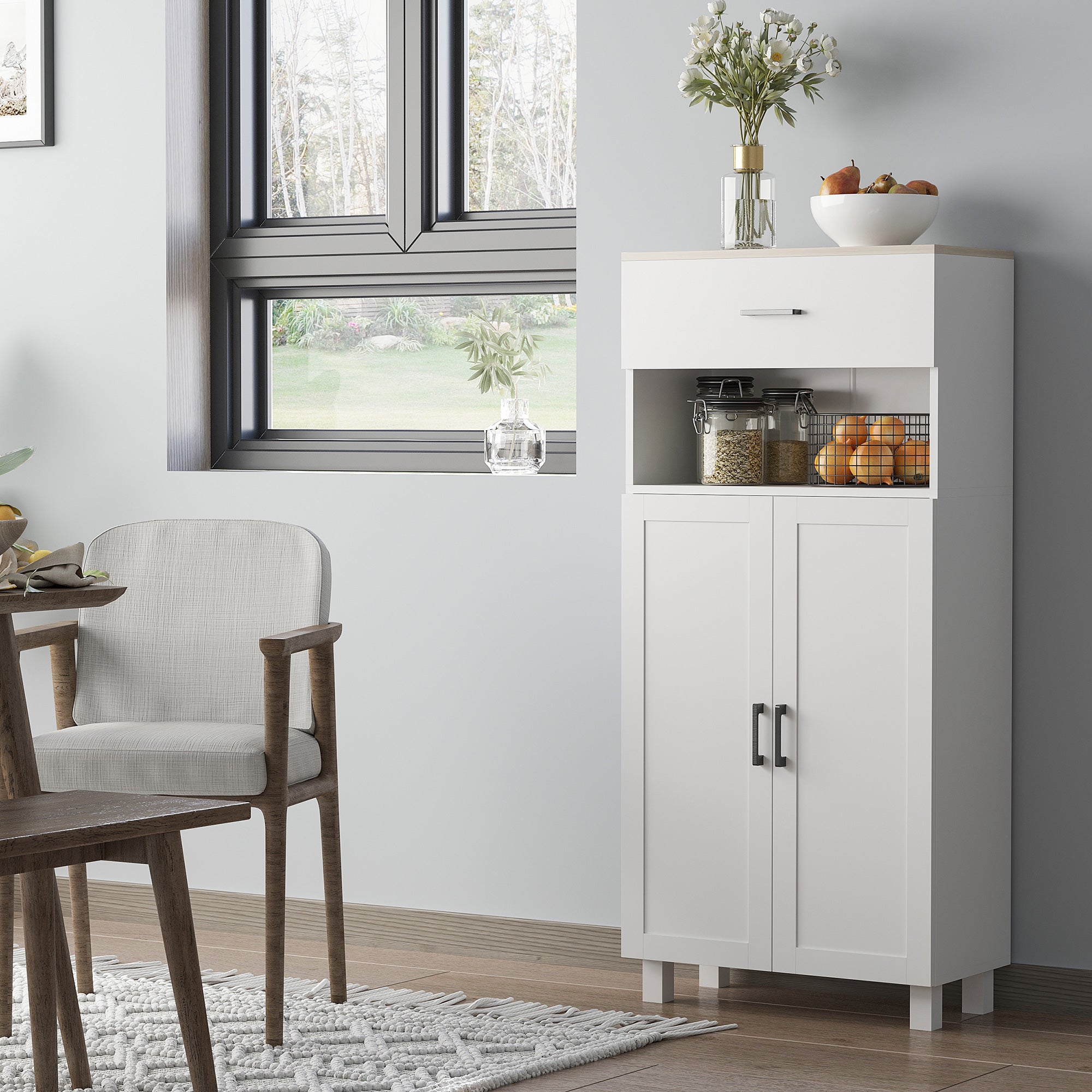 HOMCOM Freestanding Kitchen Cupboard, Nordic Storage Cabinet with Drawer, Doors and Open Countertop for Living & Dining Room, 130cm, White