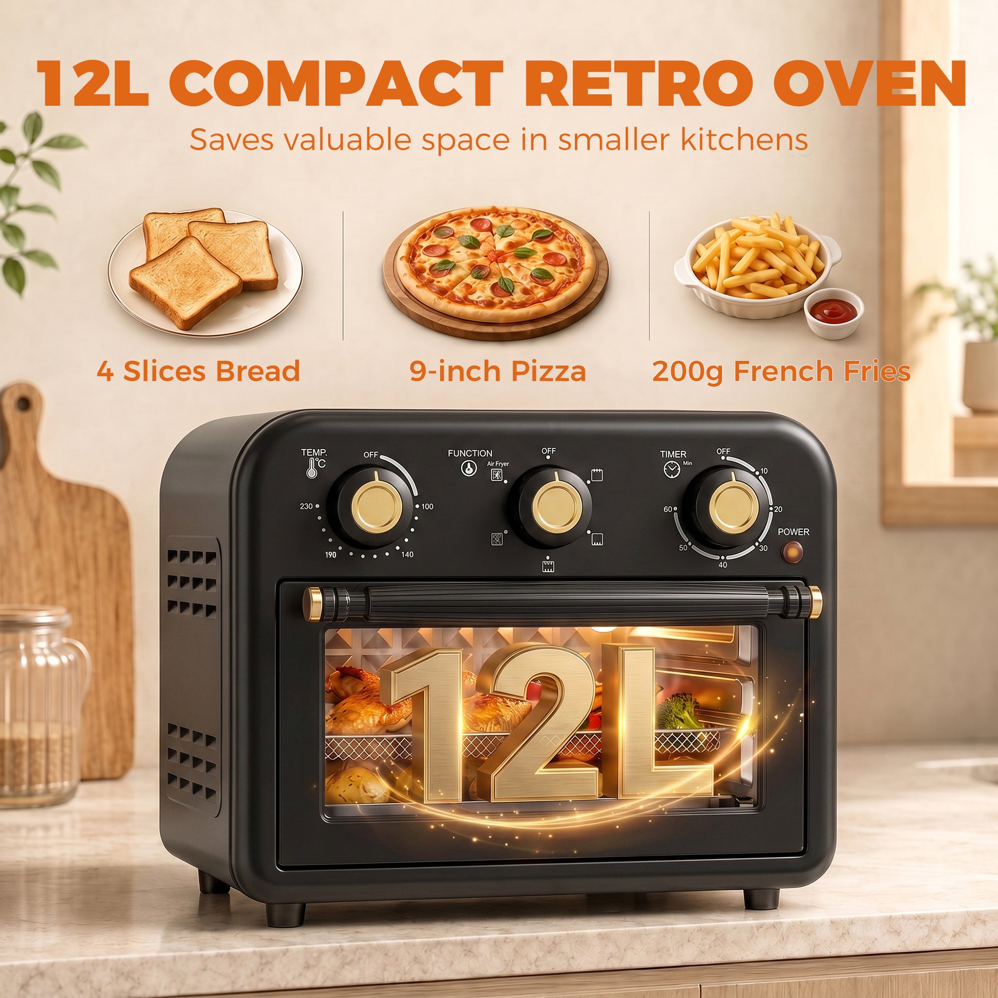 Air Fryer Toaster Oven, 12 L Small Convection Countertop Oven with Knob Controls, Baking Tray and Fry Basket, Adjustable Temperature, Timer, Dishwasher Safe, 1200W, Steel, Black