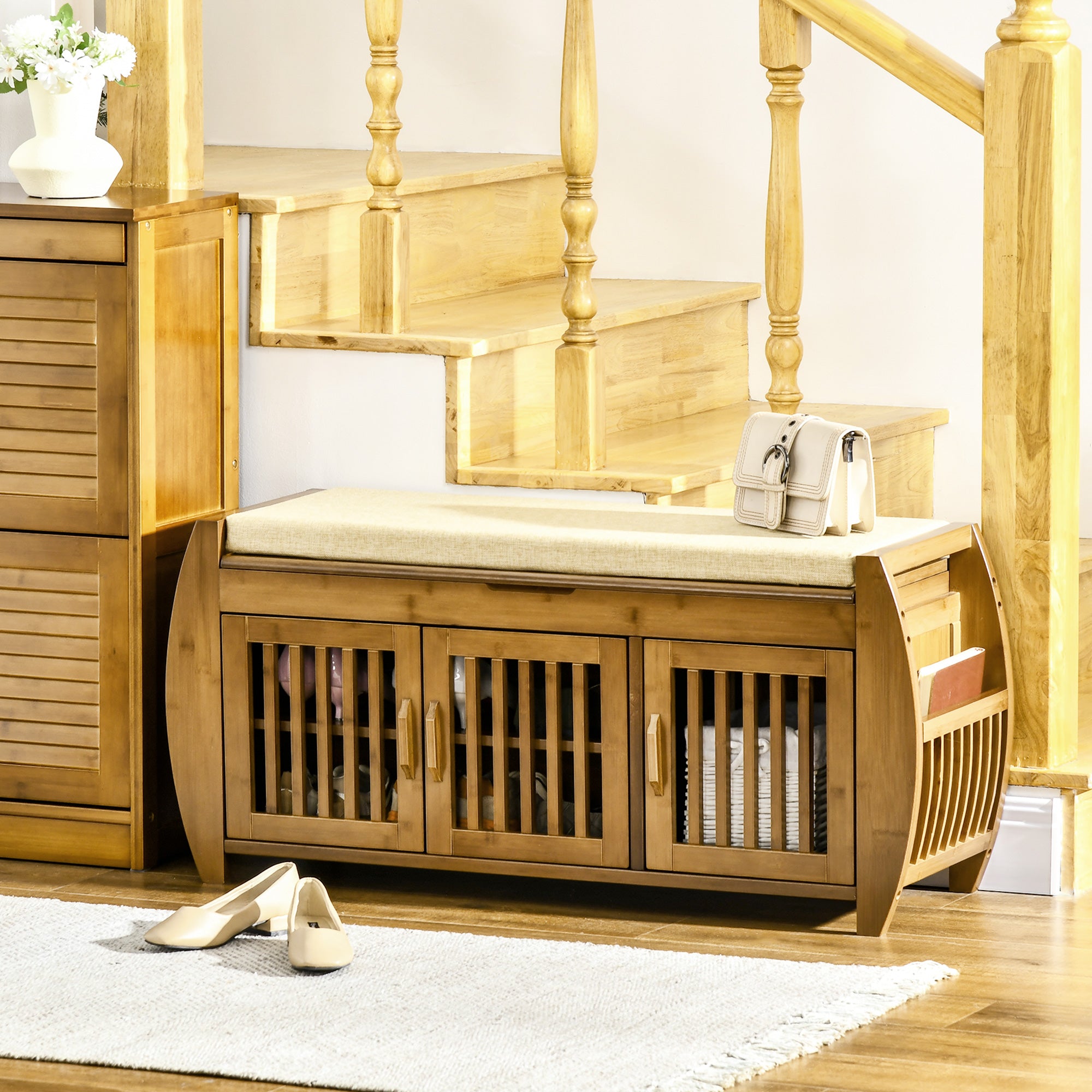 Entryway Shoe Bench with Storage Cabinets, Cushion, 3 Doors & Hidden Compartment, Brown
