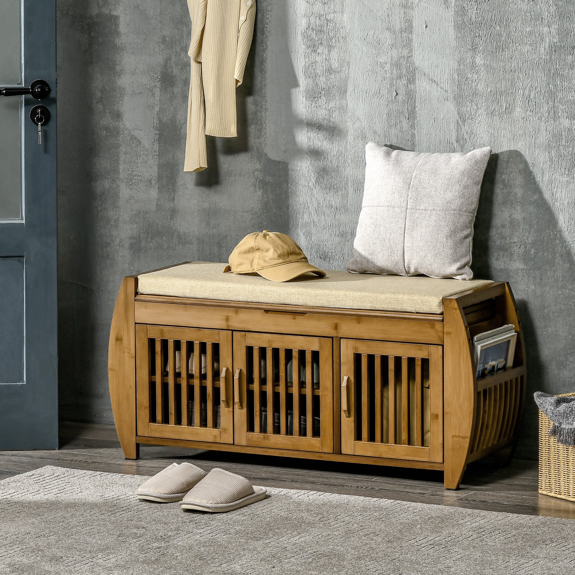 Entryway Shoe Bench with Storage Cabinets, Cushion, 3 Doors & Hidden Compartment, Brown