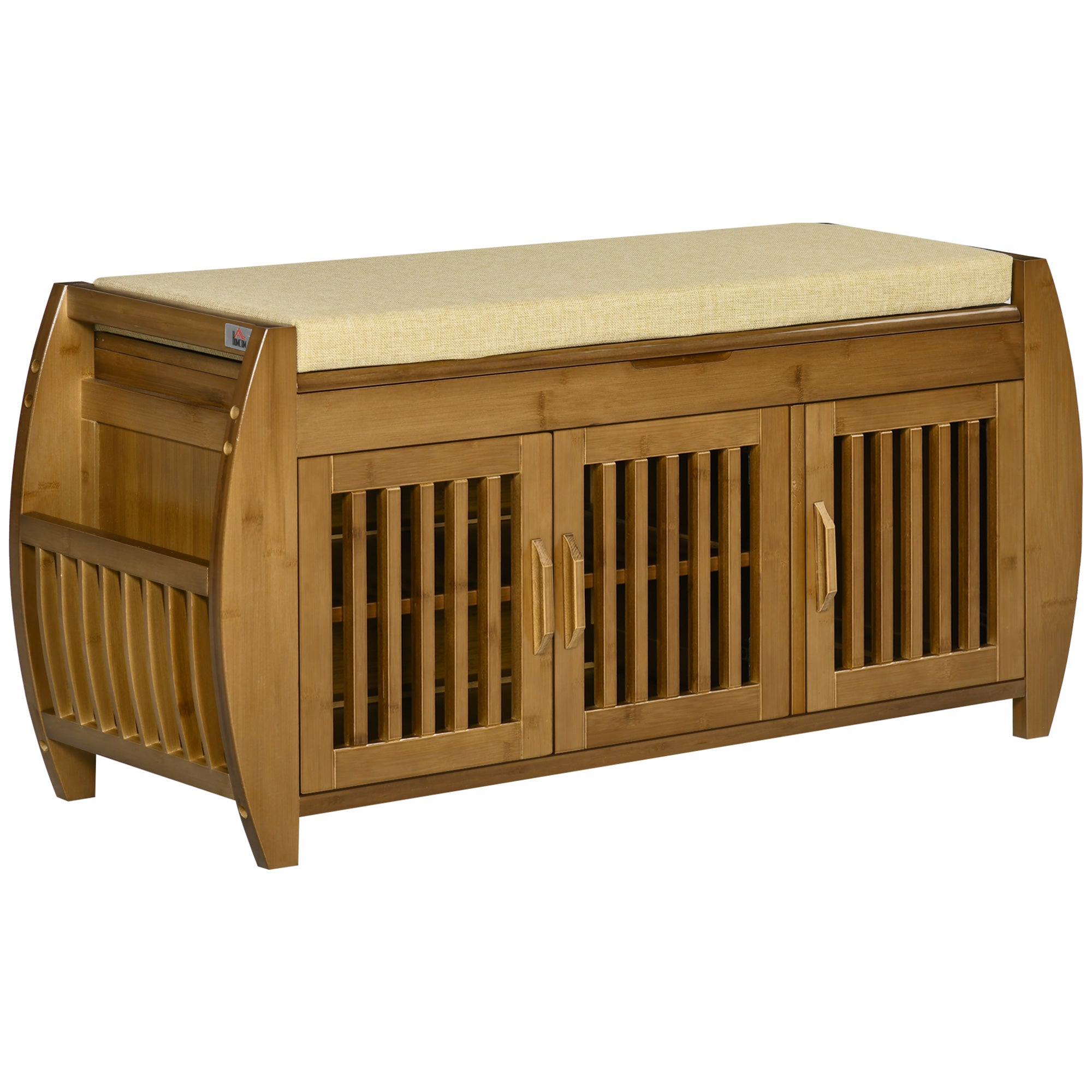 Entryway Shoe Bench with Storage Cabinets, Cushion, 3 Doors & Hidden Compartment, Brown