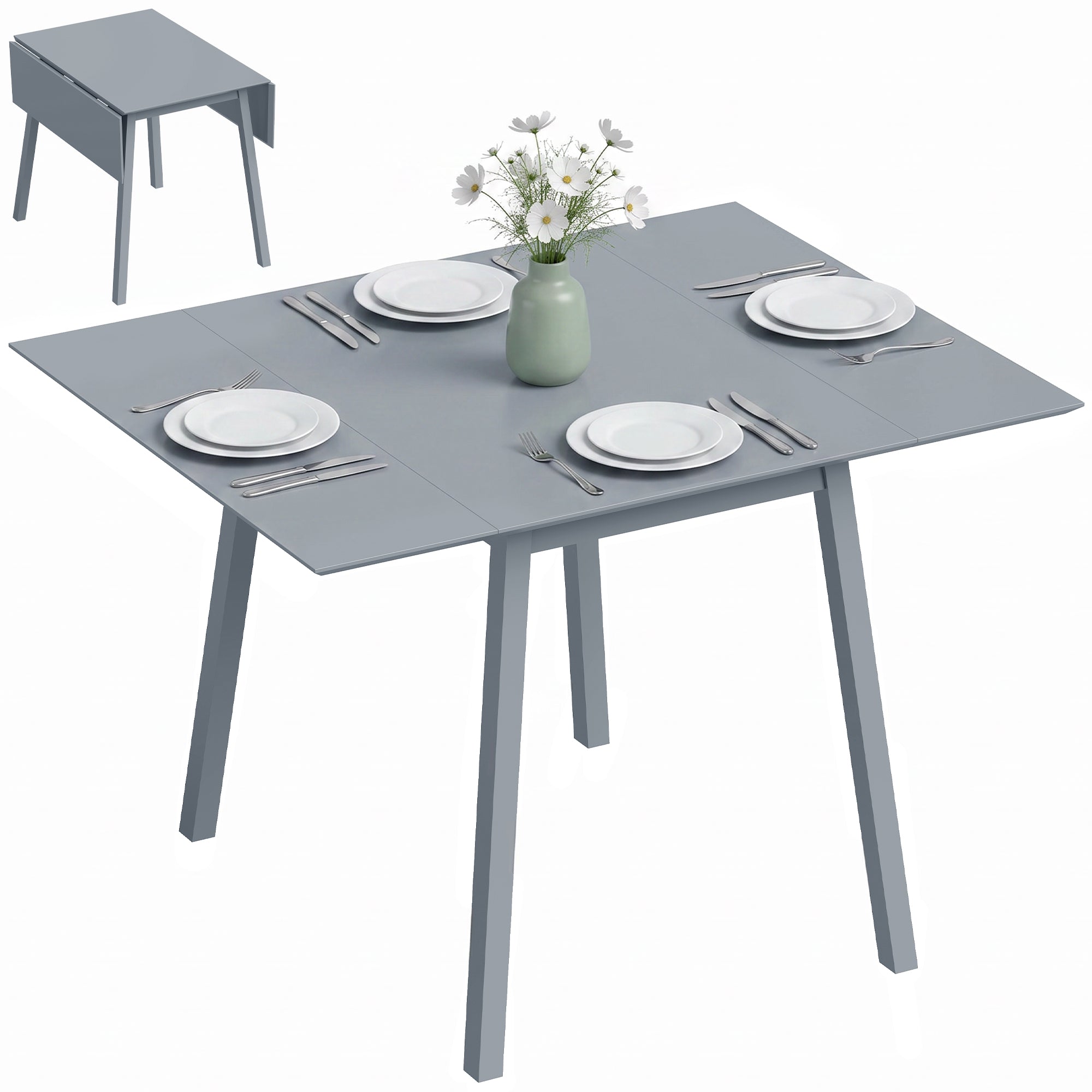 Solid Wood Folding Dining Table, Drop Leaf Table for 2-4 People, Rectangle Kitchen Table for Small Space, Grey