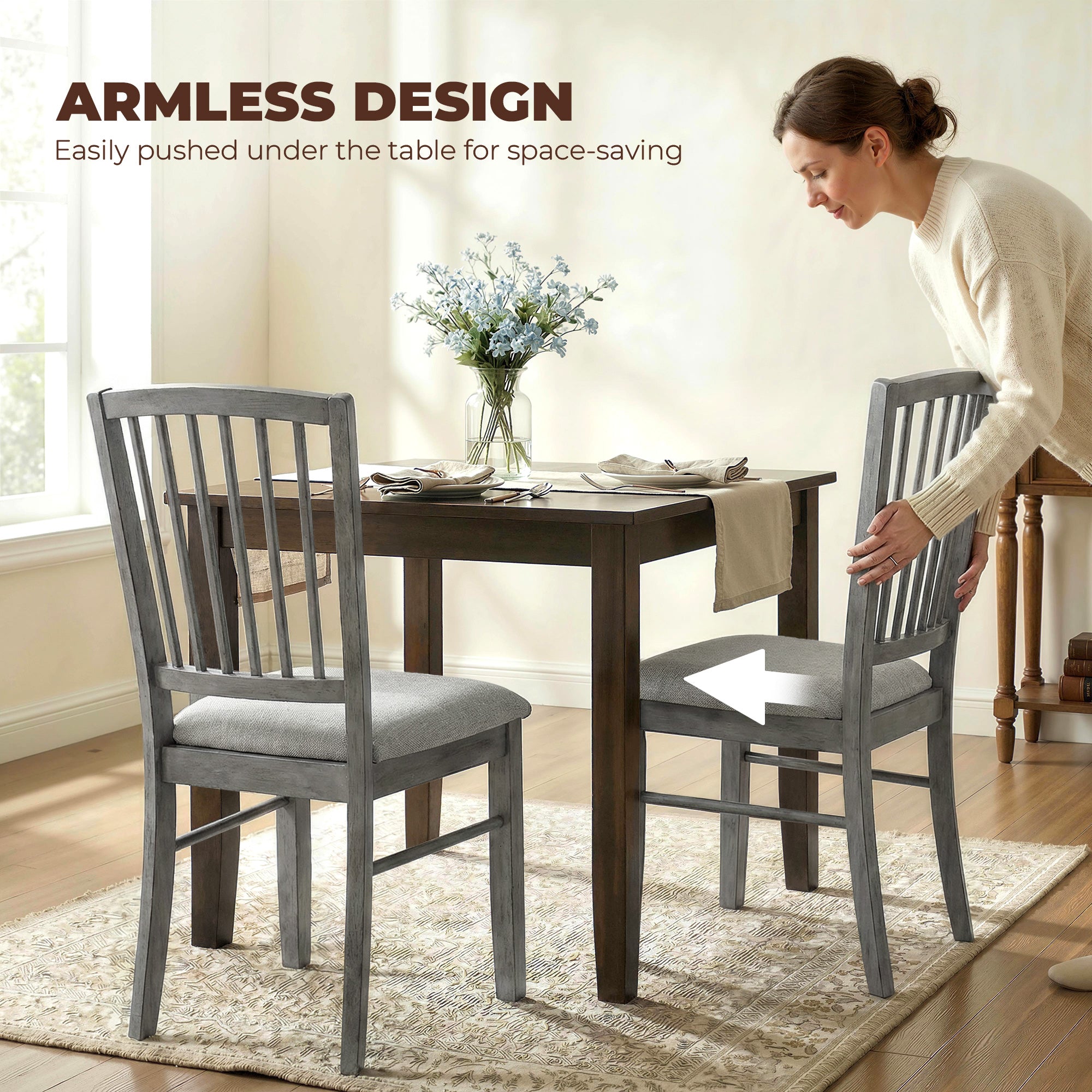 Farmhouse Dining Chairs Set of 2, Upholstered Linen Fabric Kitchen Chairs with Solid Rubberwood Legs for Kitchen, Dining Room, Rustic Gray